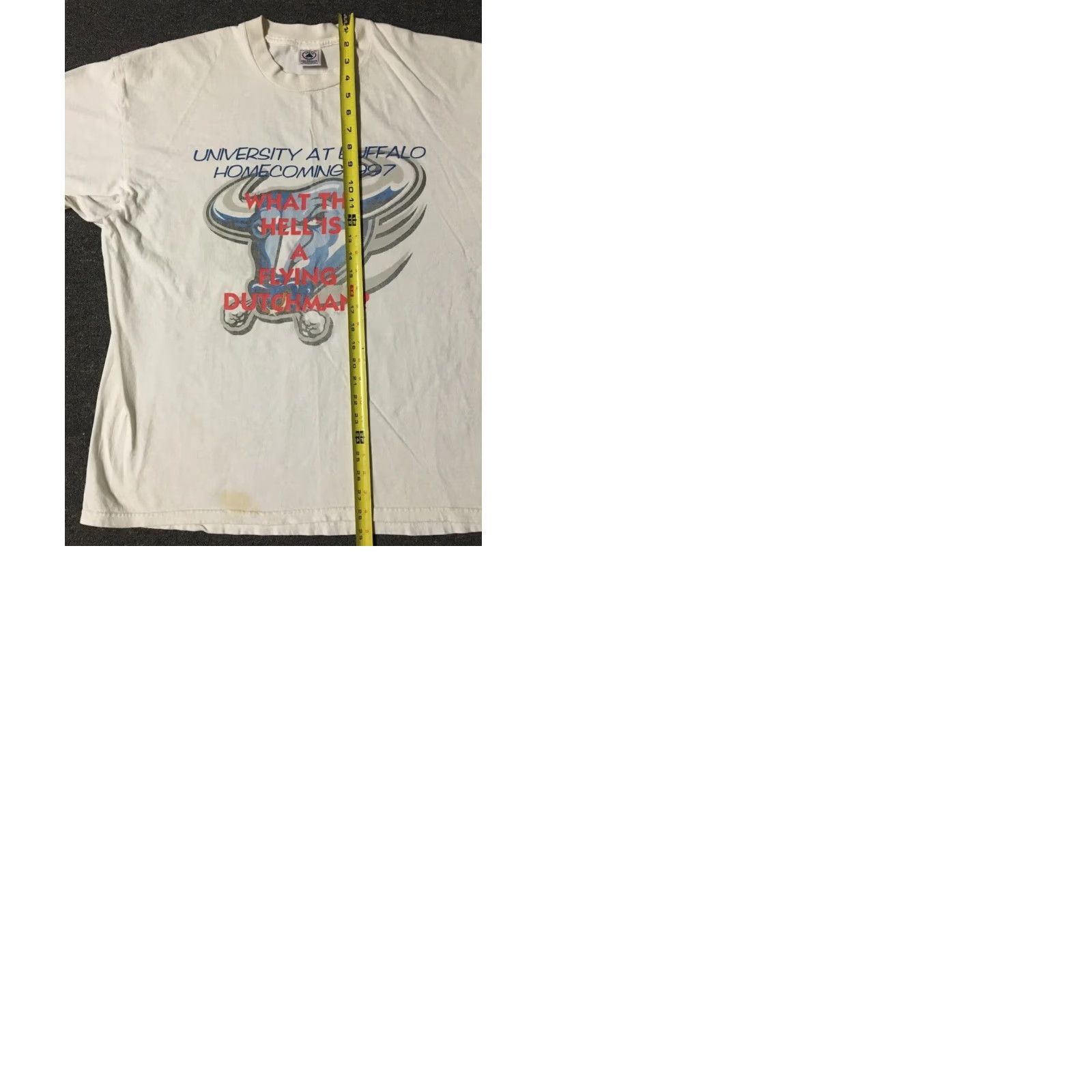 Vintage VINTAGE 90s UB Bulls Vs Hofstra Flying Dutchmen What The Hell Is A College PE T-Shirt XL White University at Buffalo Mens Graphic Tee Size US XL / EU 56 / 4 - 9 Thumbnail