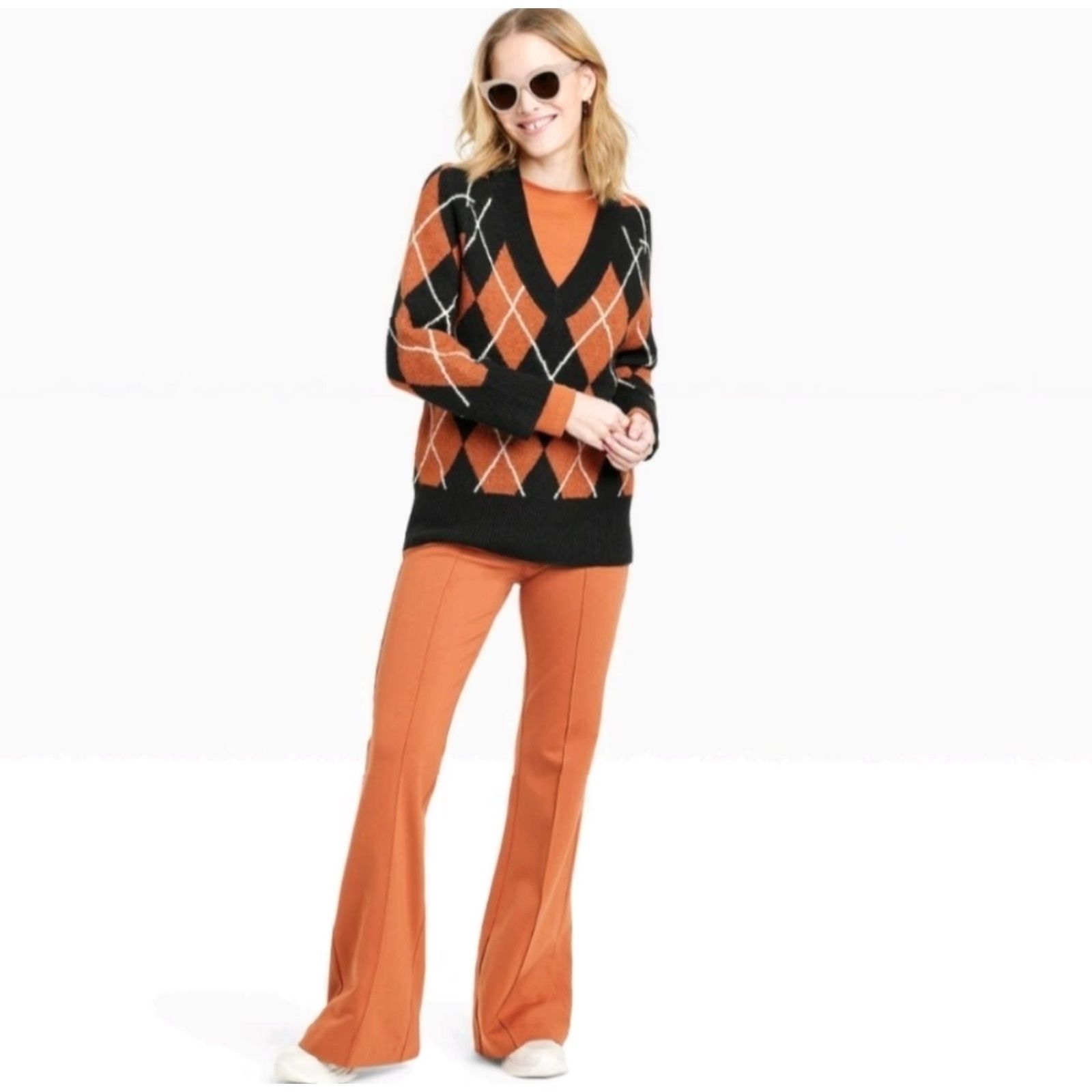 Vintage A New Day Long Sleeve Knitted Black Rust Orange Argyle Tunic Women's Med Sweater Size M / US 6-8 / IT 42-44 - 3 Thumbnail