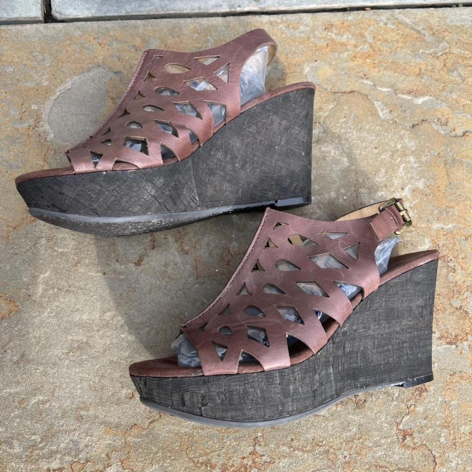Nine West Dark Brown Leather Sandal Wedge High Heels Size US 7.5 / IT 37.5 - 4 Thumbnail