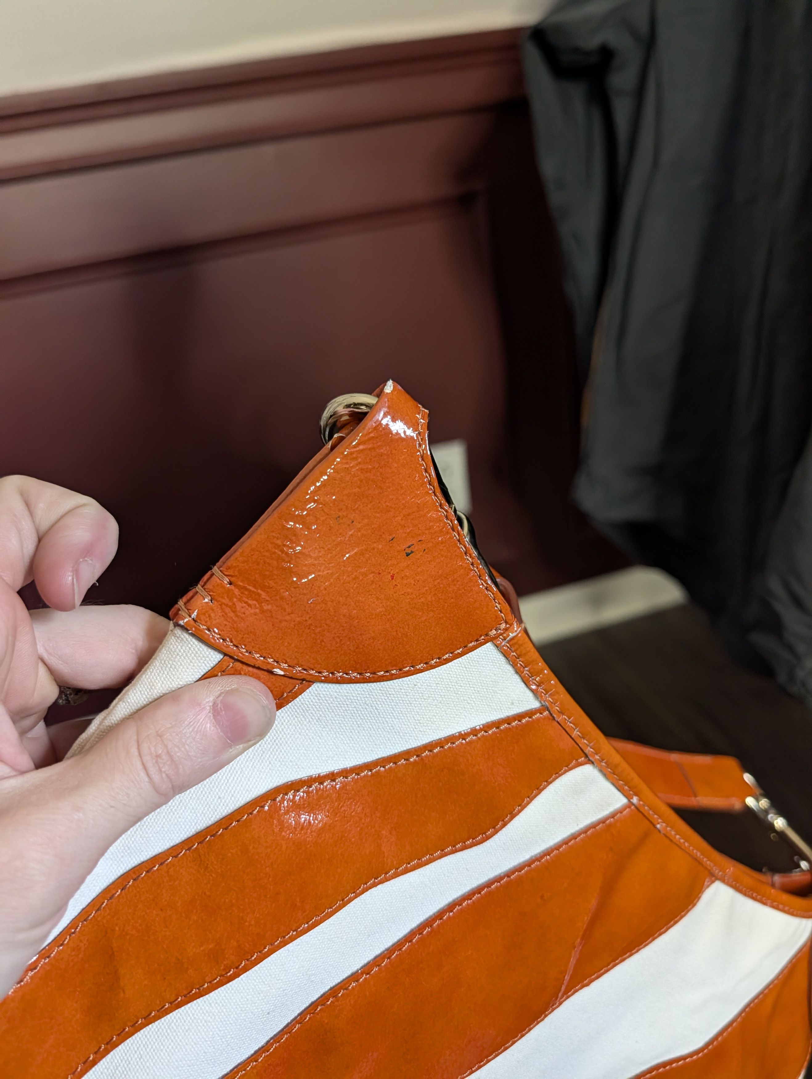 Dooney & Bourke Orange patent / white canvas striped handbag large Size ONE SIZE - 9 Thumbnail