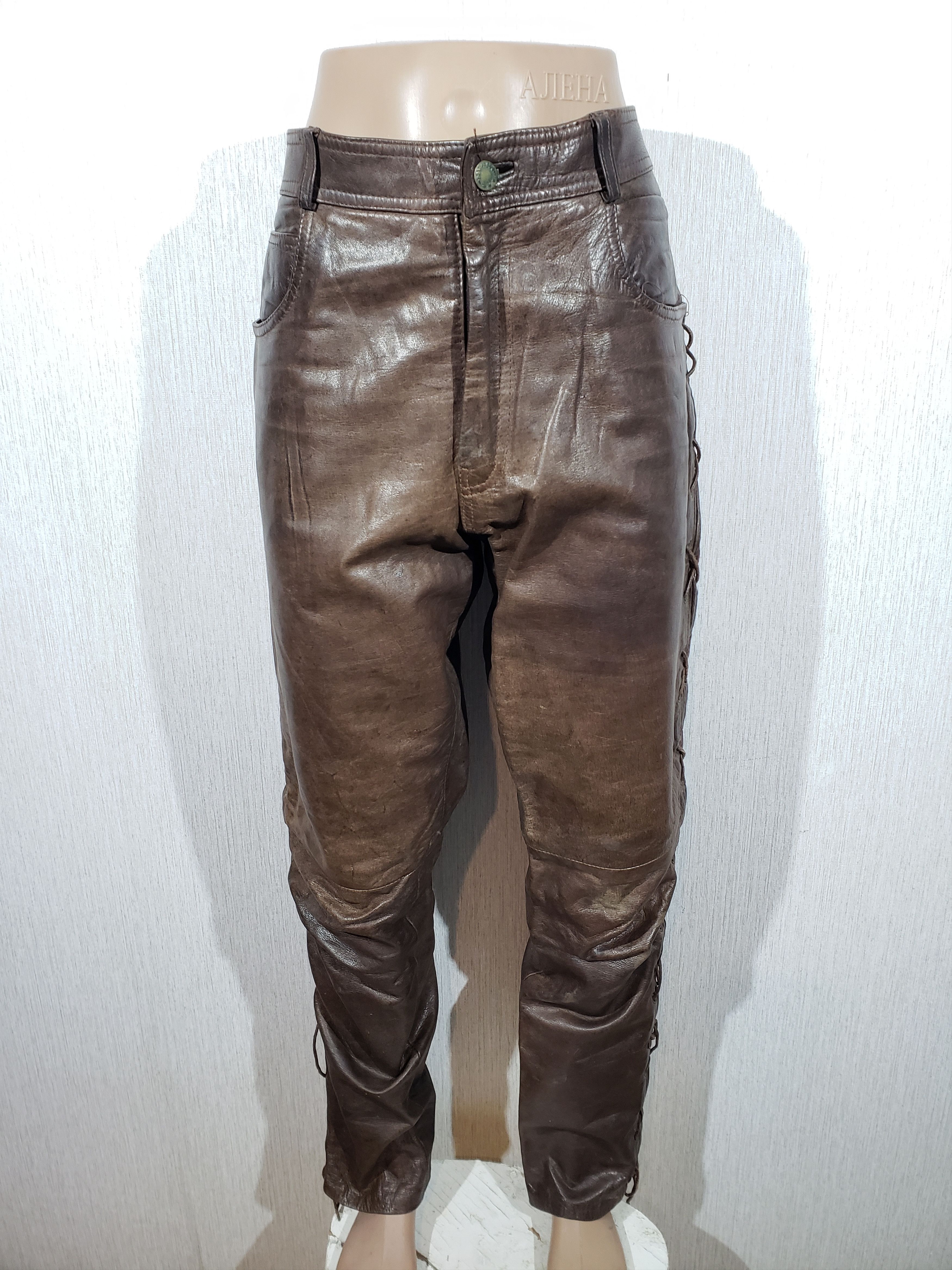 Genuine Leather Brown leather pants with decorative lacing. Size US 33 - 3 Thumbnail