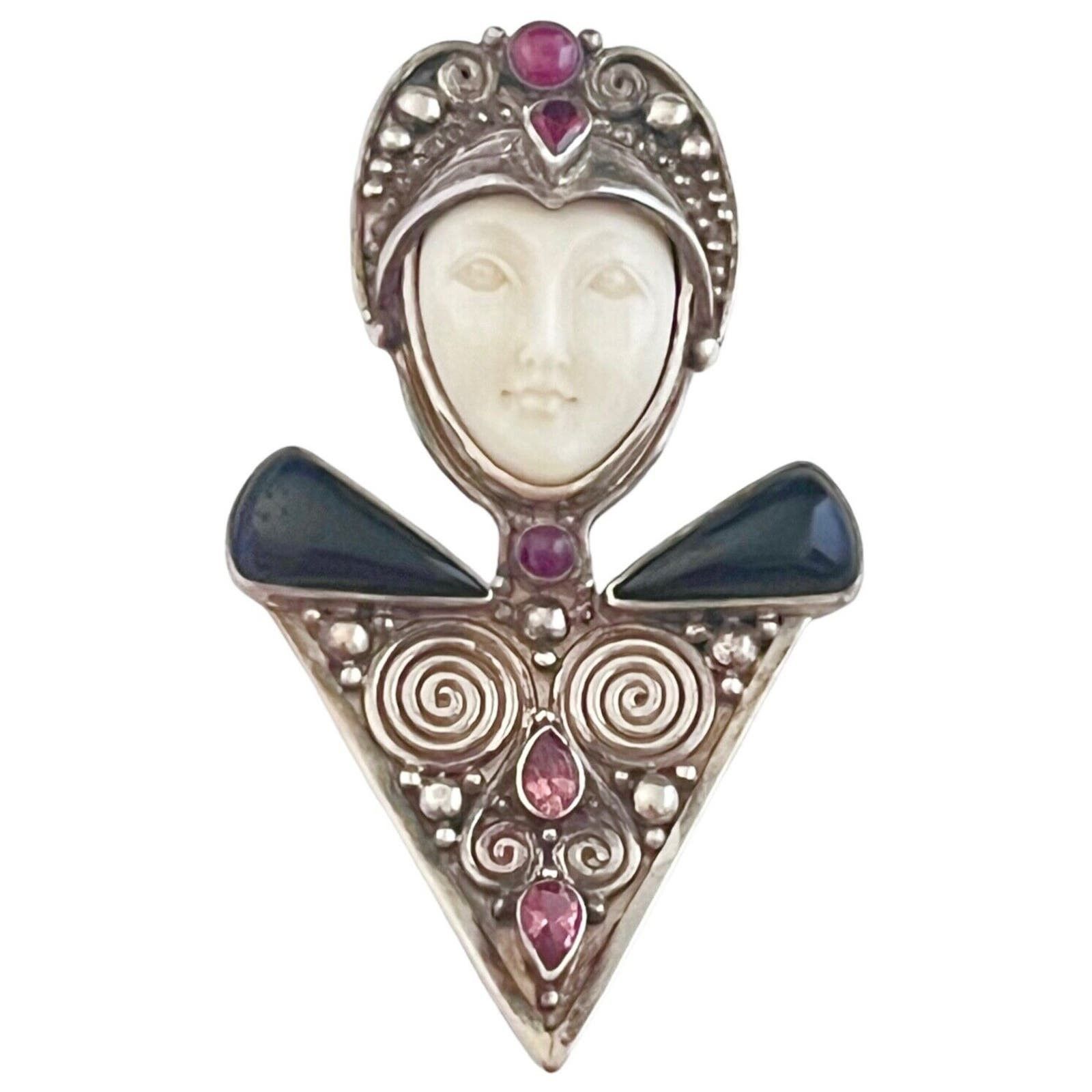 image of Vintage 925 Silver Sajen Face Brooch / Pendant Onyx Ruby Garnet Gems, Women's