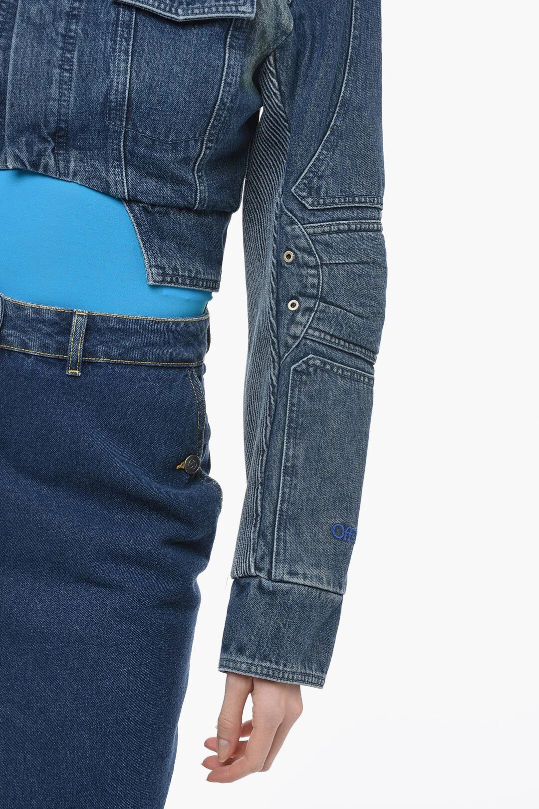 Off-White og1mm0426 Crop Biker Fit Denim Jacket in Blue Size S / US 4 / IT 40 - 3 Thumbnail
