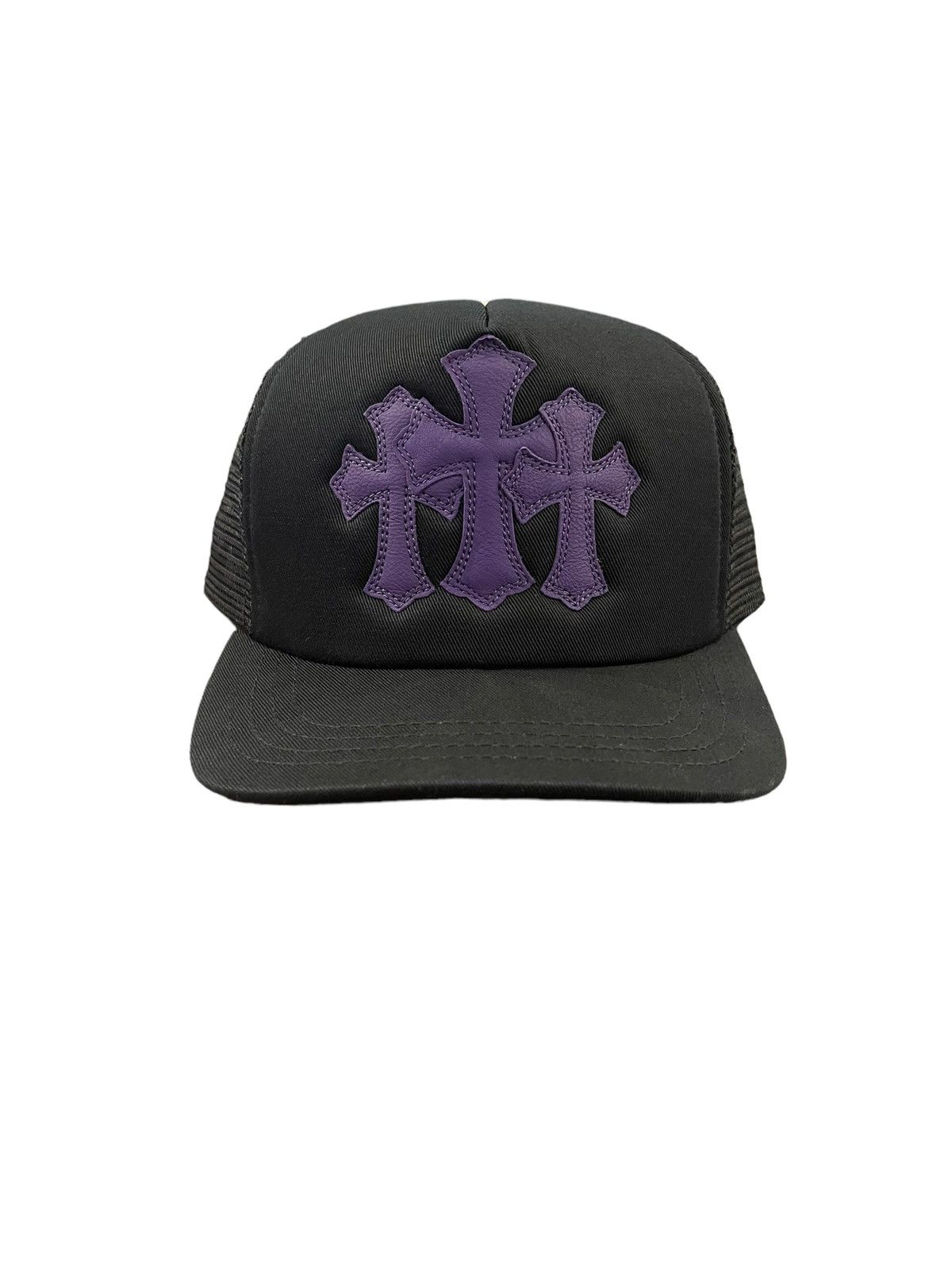image of Chrome Hearts St. Barths Exclusive Purple Cemetery Cross Patch Trucker Hat in Black, Men's