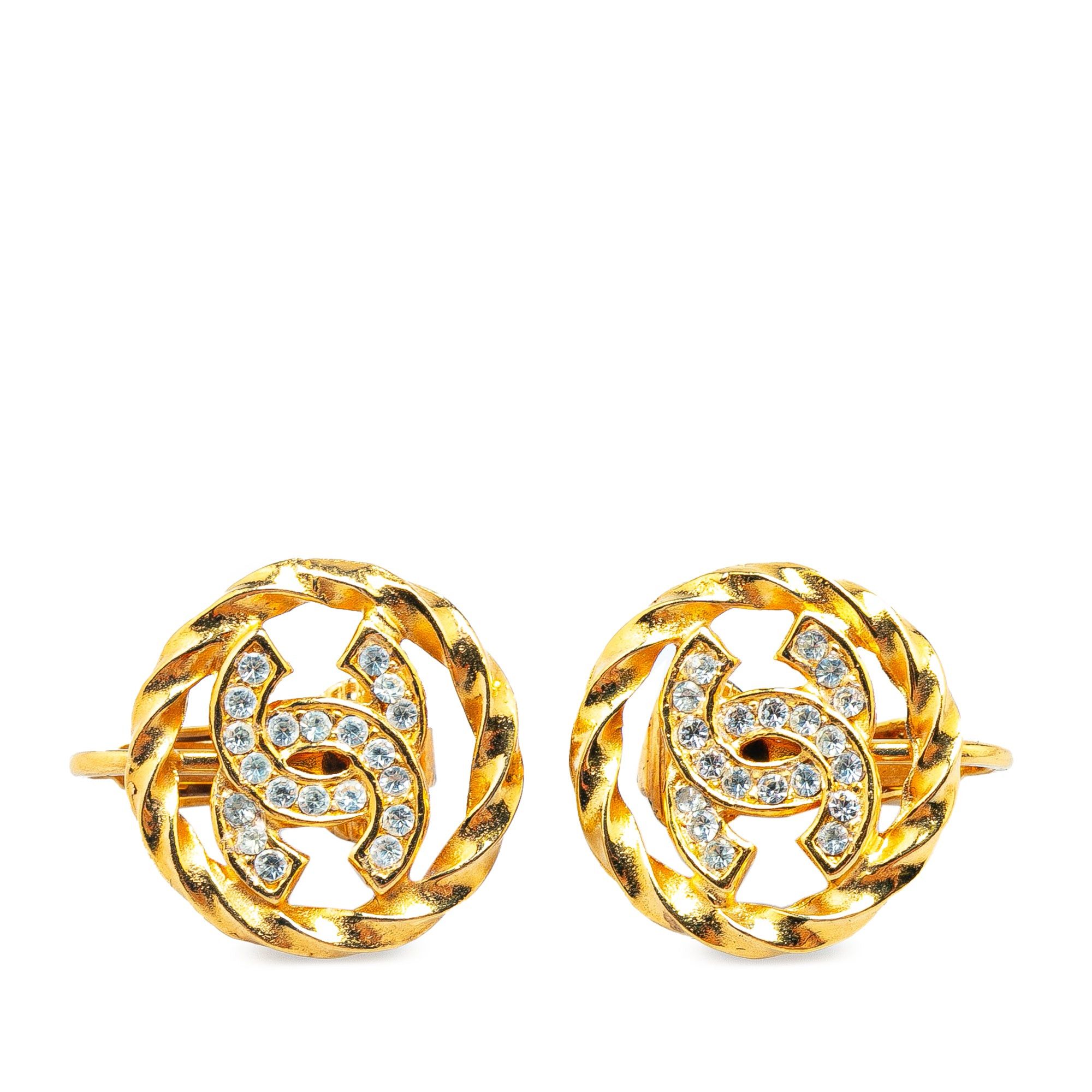 Chanel Chanel Gold Plated Rhinestone CC Clip On Earrings Gold Size ONE SIZE - 1 Thumbnail