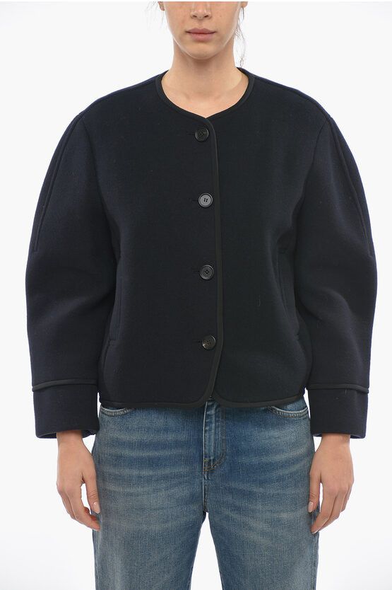 image of Chloe Buttoned Boxy Fit Wool Cropped Peacoat in Black, Women's (Size Medium)