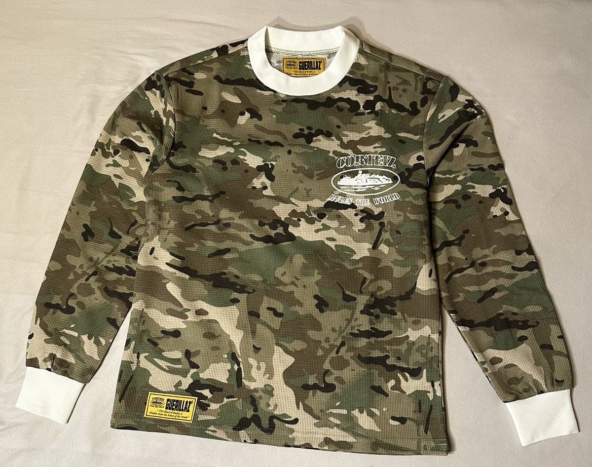 image of Corteiz Alcatraz Insignia Waffle Longsleeve in Green Camo, Men's (Size Small)