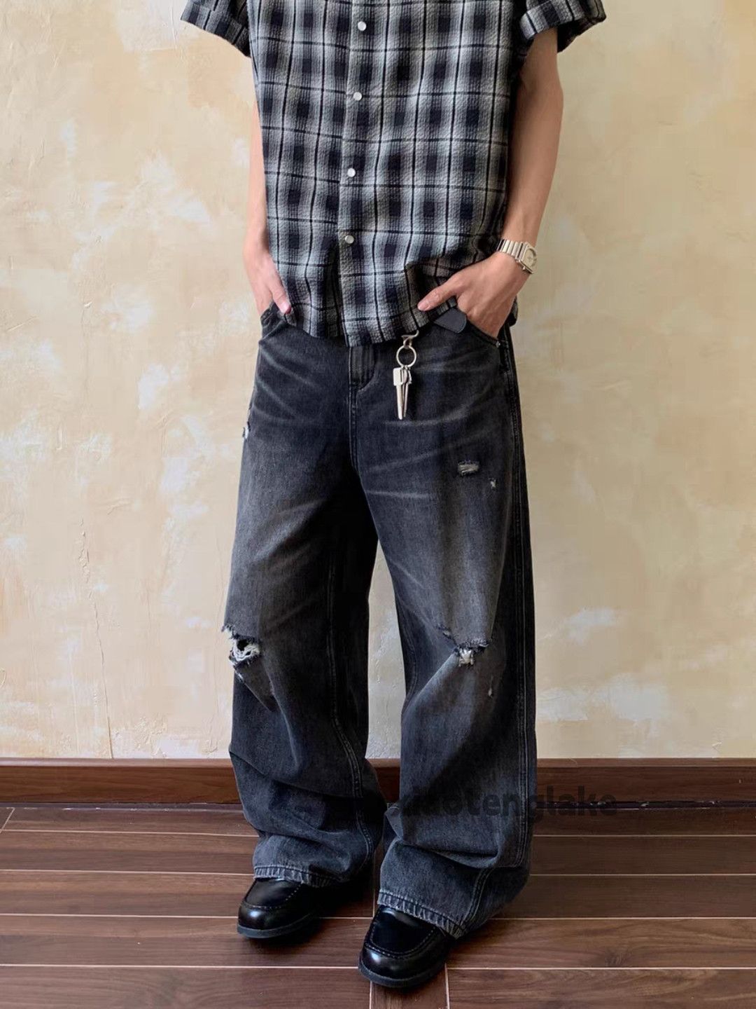 Custom washed faded distressed punk grunge flared jeans