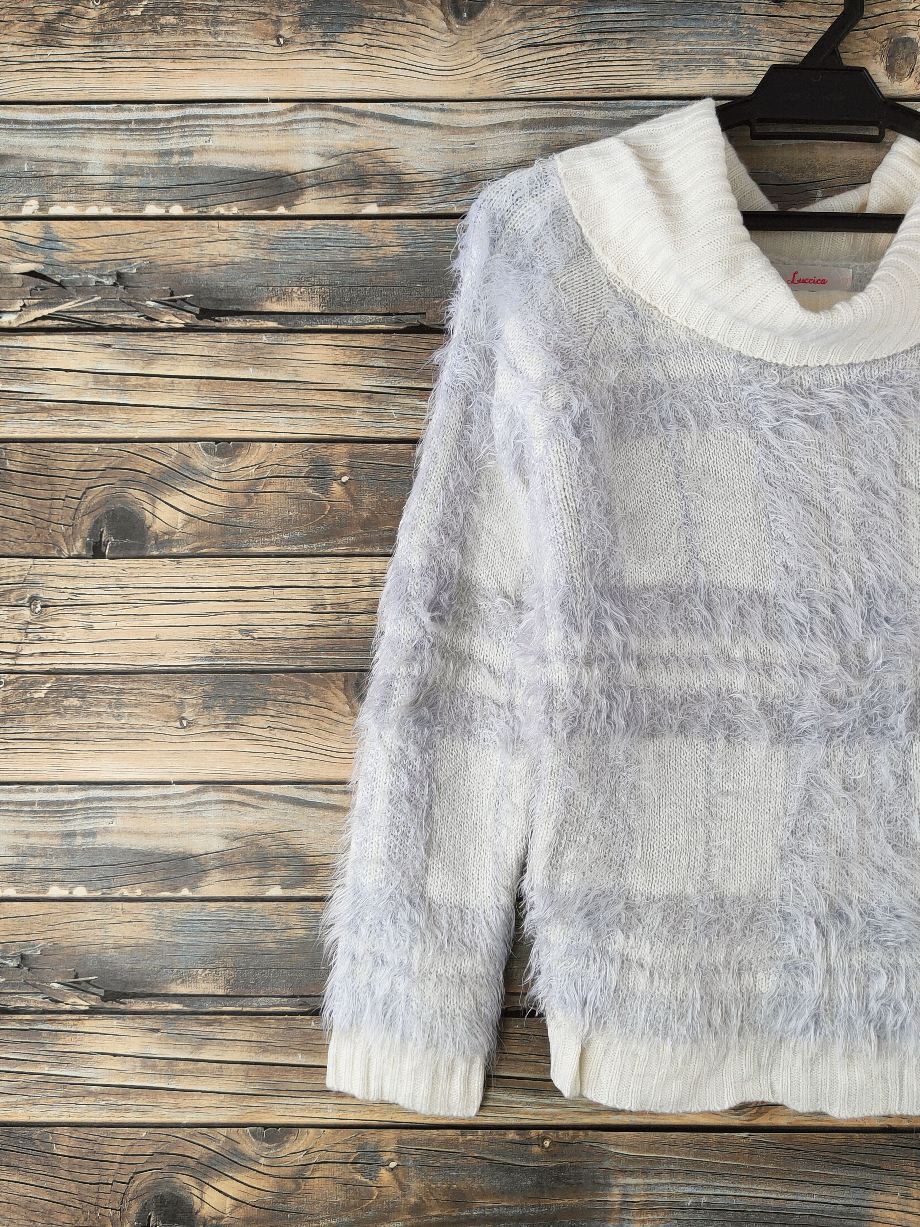 Japanese Brand DL Luccica Cream Purple Fur Mohair Knitwear #46-988 Size M / US 6-8 / IT 42-44 - 3 Thumbnail
