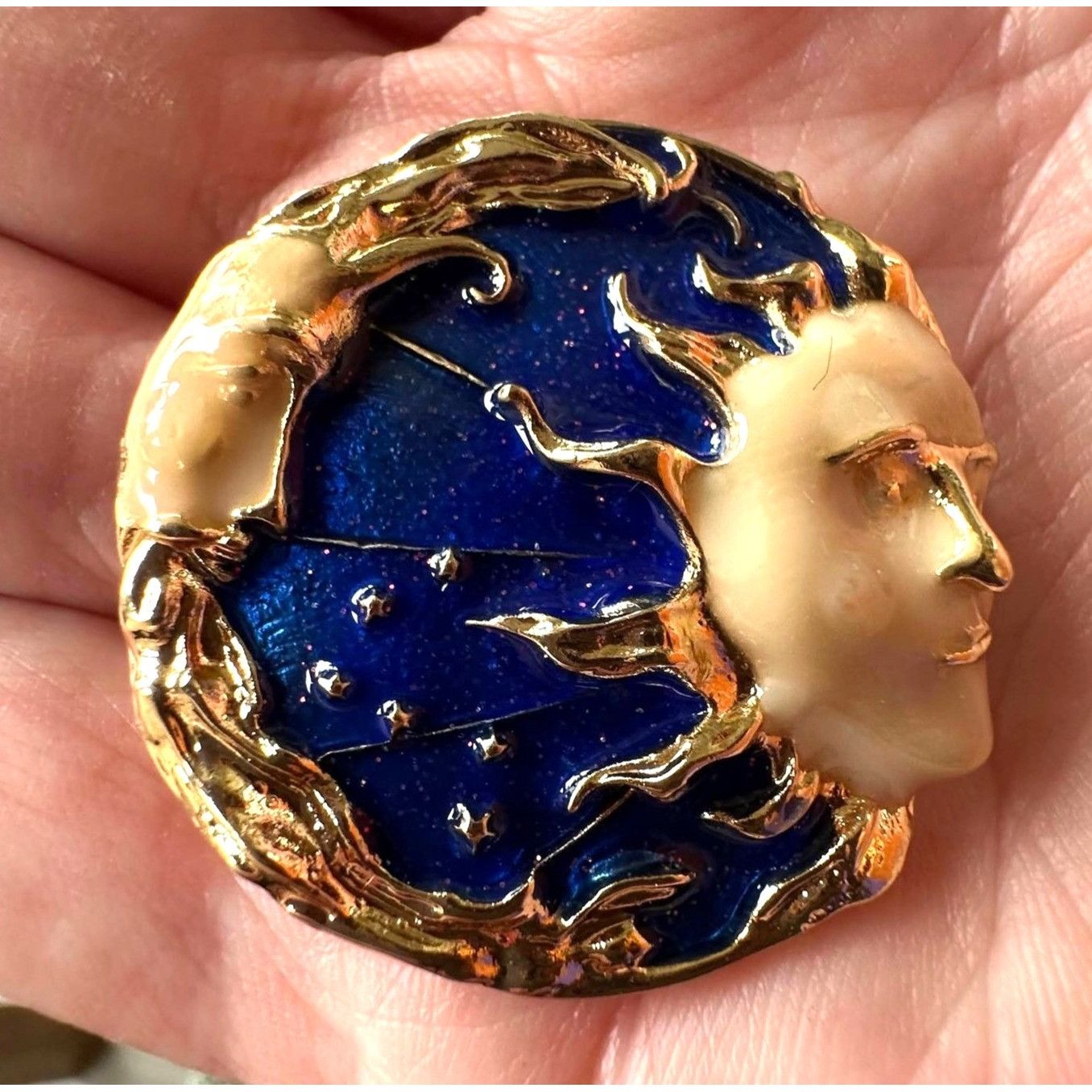 Handmade Celestial Moon Sun Brooch Pin New Gold Navy Yours is the Lig Size ONE SIZE - 6 Thumbnail