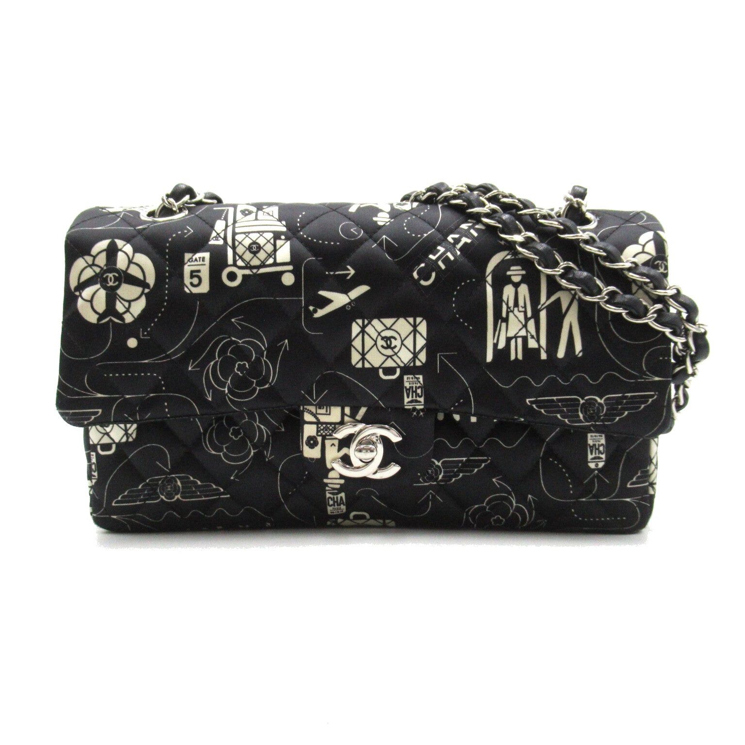 Chanel Airline Double Flap Chain Shoulder Bag Others Satin Black White Silver Hardware