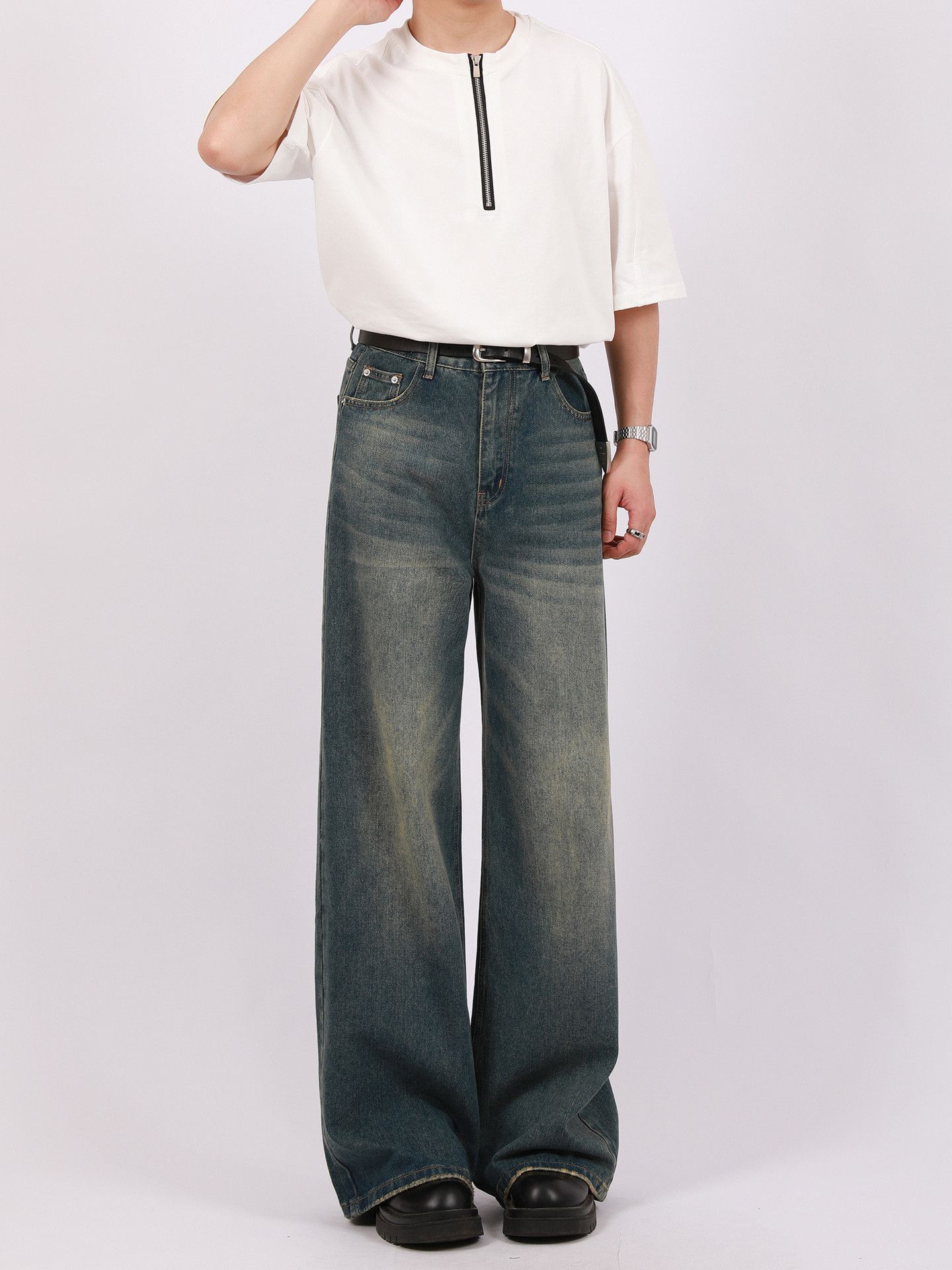 Jean Vintage distressed men's street loose washed wide-leg jeans Size US 32 / EU 48 - 2 Thumbnail