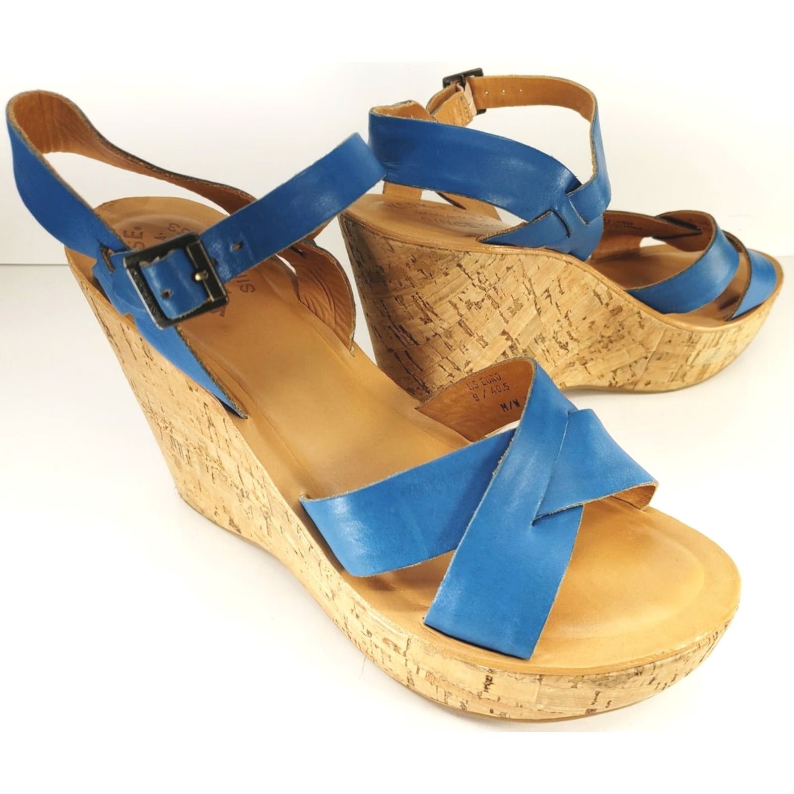 Vintage VINTAGE Kork-Ease Sandal Women’s 9 Blue Leather Crossover Slingback Cork Wedge Size US 9 / IT 39 - 2 Thumbnail