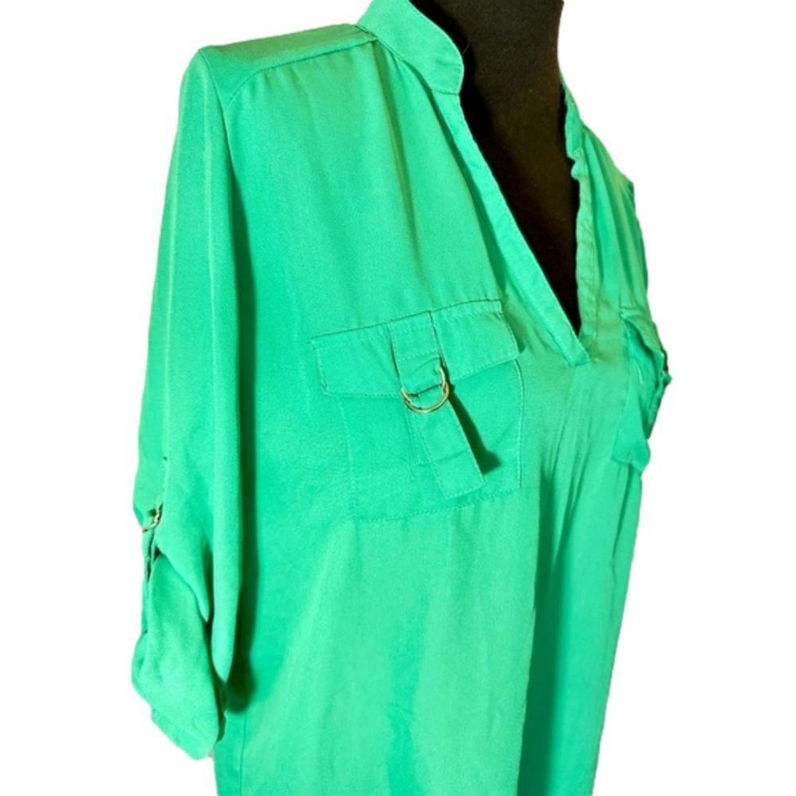 Designer Riley & James Women's V-Neck Green Blouse Size L / US 10 / IT 46 - 2 Thumbnail