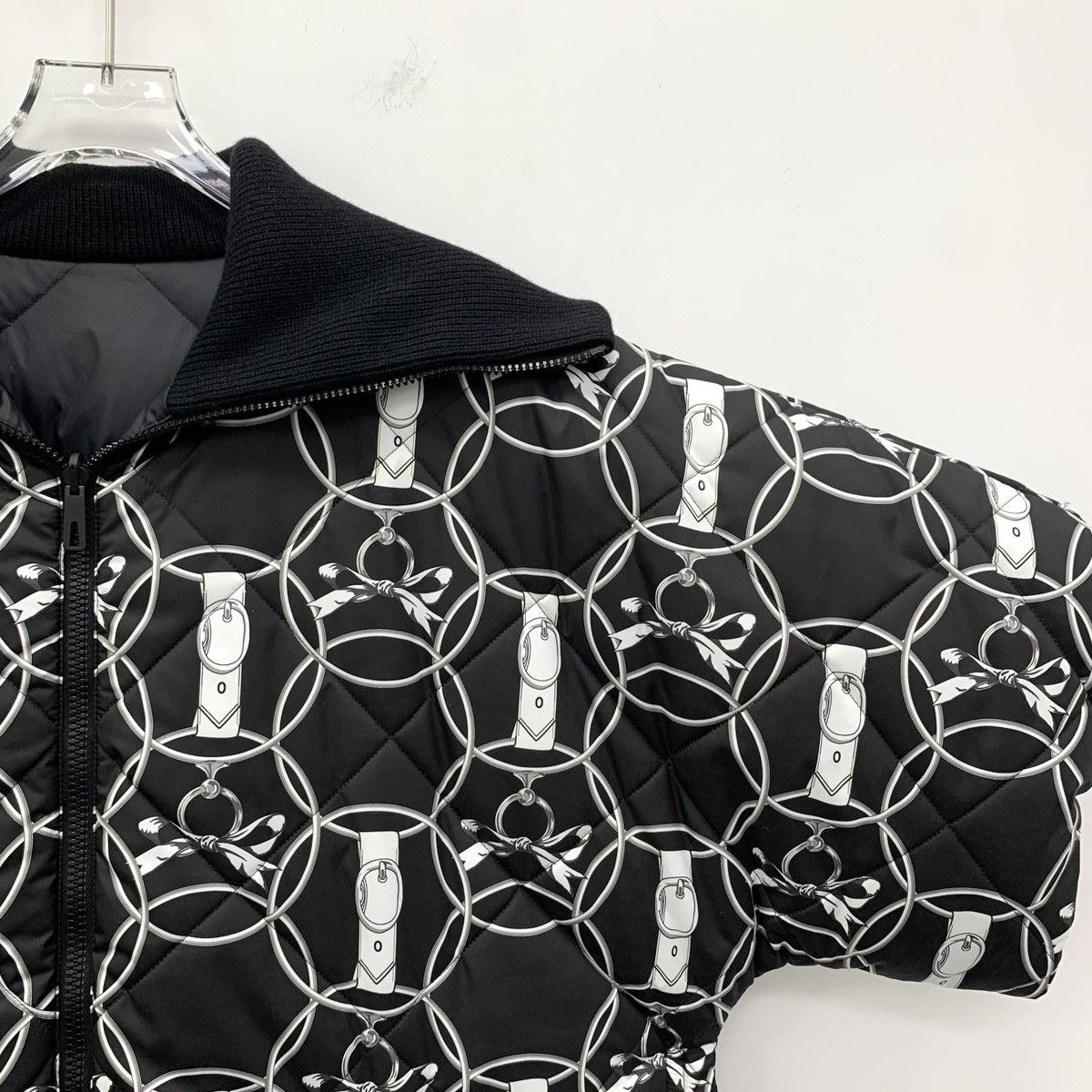 Hermes Black Diamond Check Geometric Print Zipper Down Coat
