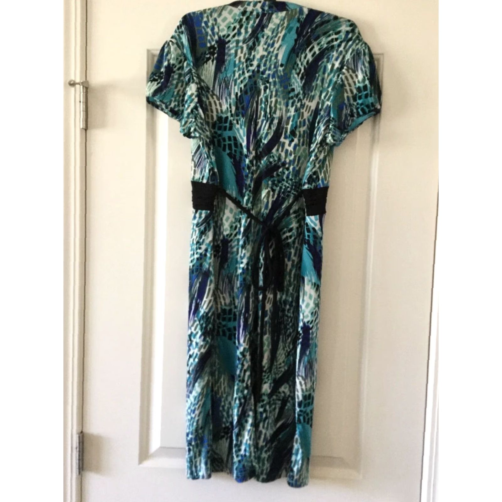 Vintage New Directions Woman's Geometrical Print Dress Belt Look Black Teal Blue Large Satin? Size L / US 10 / IT 46 - 5 Thumbnail