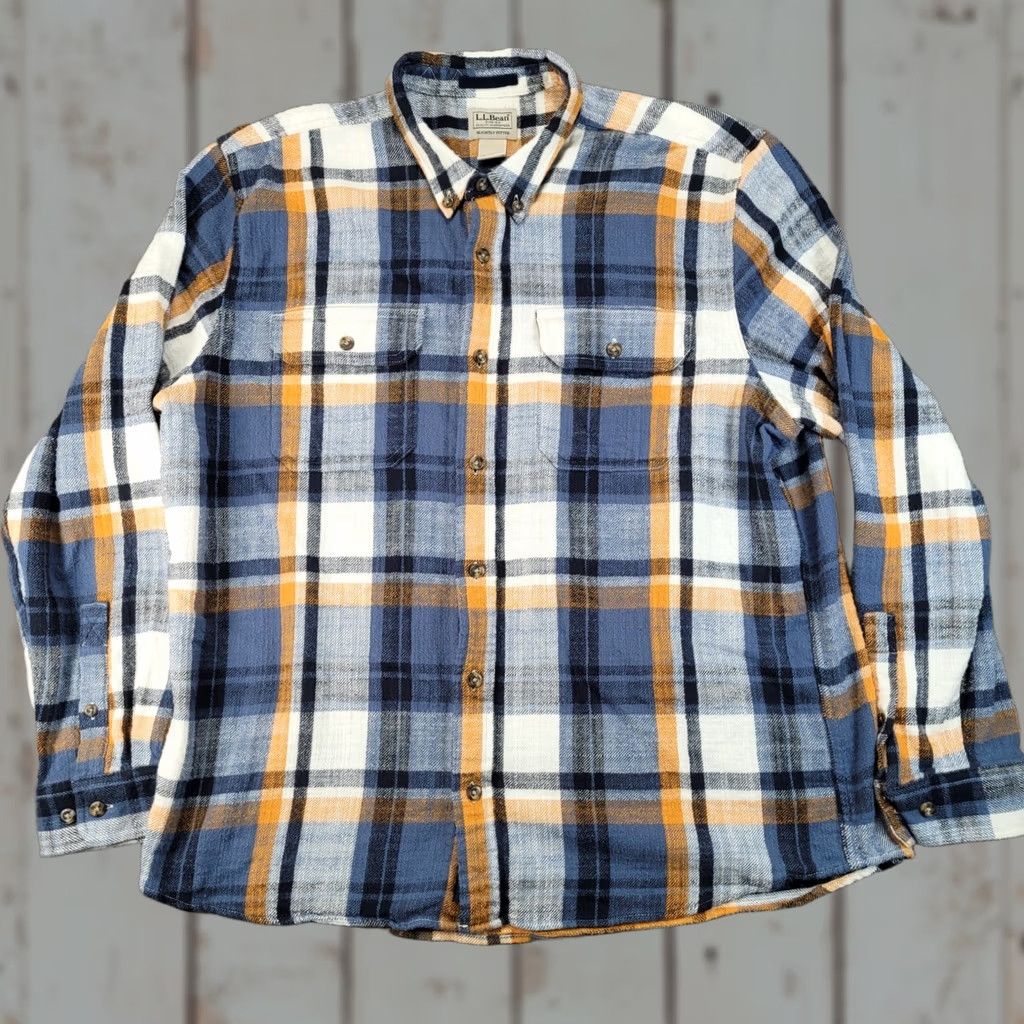 Vintage LL Bean Mens XL Blue Orange Plaid Flannel Shirt Cotton Slightly Fitted Size US XL / EU 56 / 4 - 1 Thumbnail