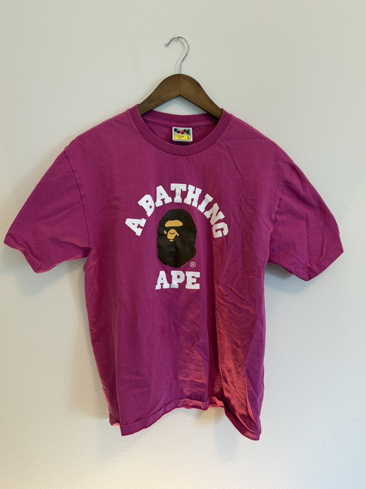 BAPE A Bathing Ape Pink College Logo T-Shirt Size Large