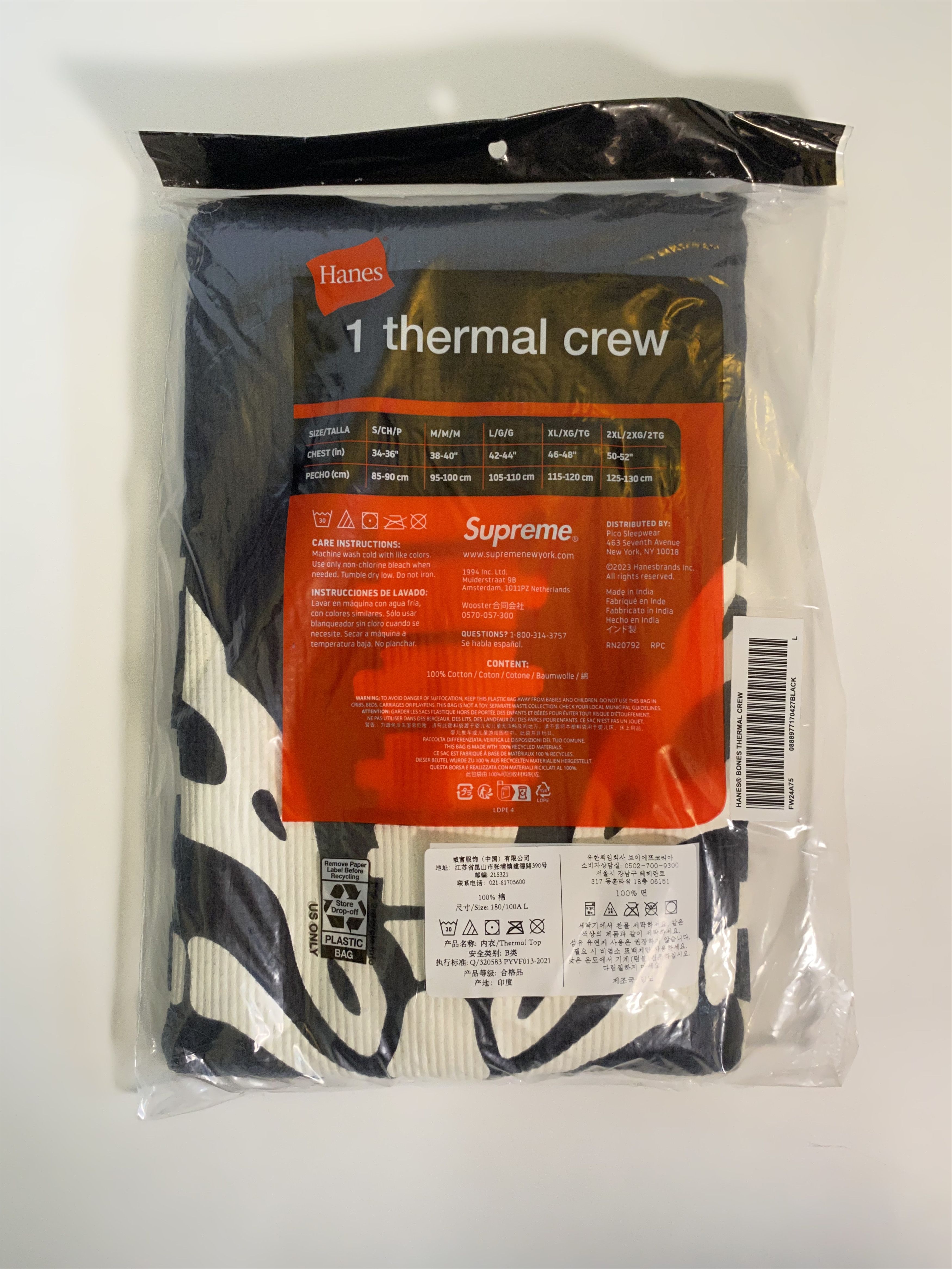 Hanes × Supreme Hanes Bones Thermal Crew L/S (Black) Size US L / EU 52-54 / 3 - 2 Thumbnail