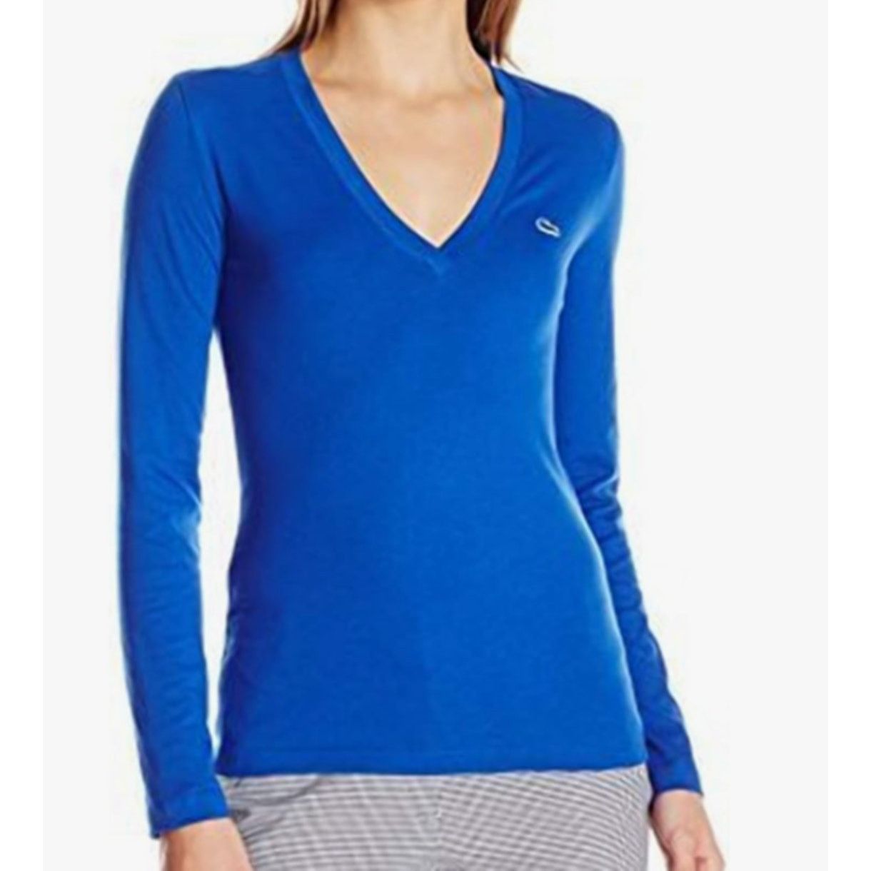 Lacoste Lacoste Women's Long Sleeve Cotton Jersey V-Neck Tee Blue 4 Size S / US 4 / IT 40 - 1 Thumbnail