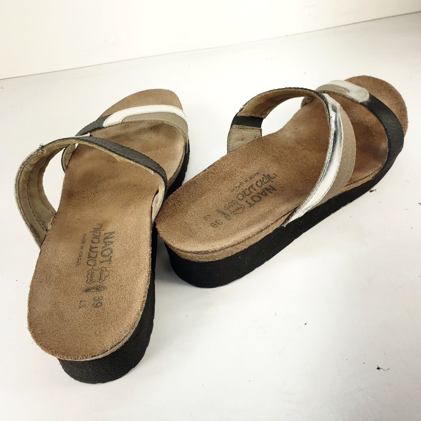 Vintage Naot Women's Sandal Black Silver Metallic Beige Leather Slide Wedge Rhinestone Open Toe 8 Slip-On Leather Insole Outsole Rubber Women Size US 8 / IT 38 - 4 Thumbnail