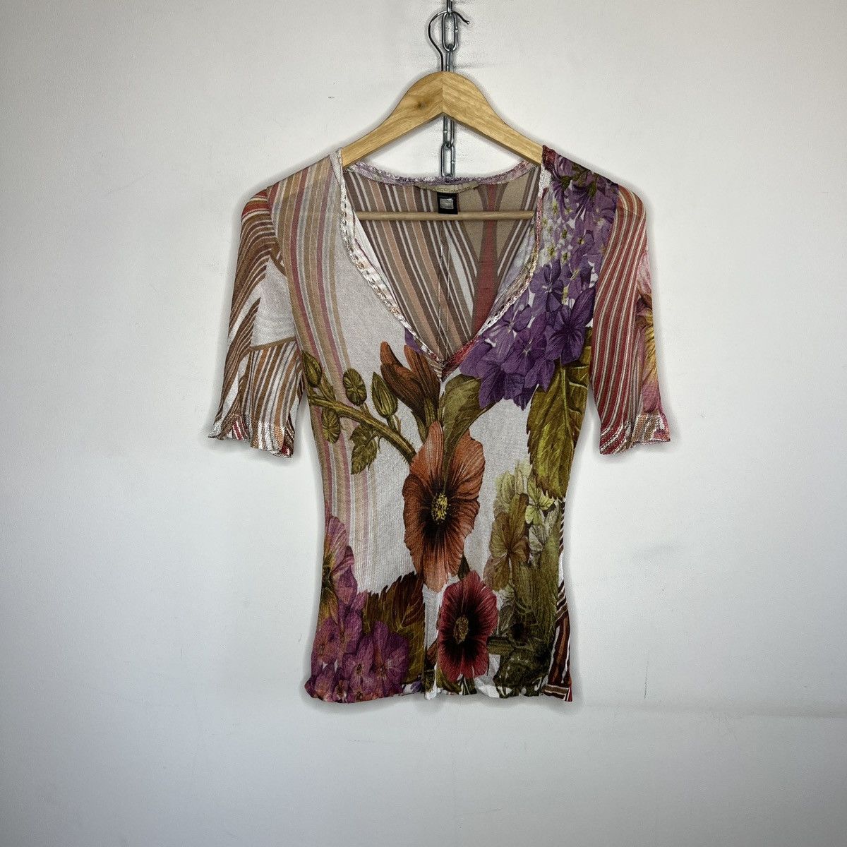 Just Cavalli × Roberto Cavalli × Vintage Just Roberto Cavalli Flower Print Mesh Top Multicolour Size S / US 4 / IT 40 - 1 Thumbnail