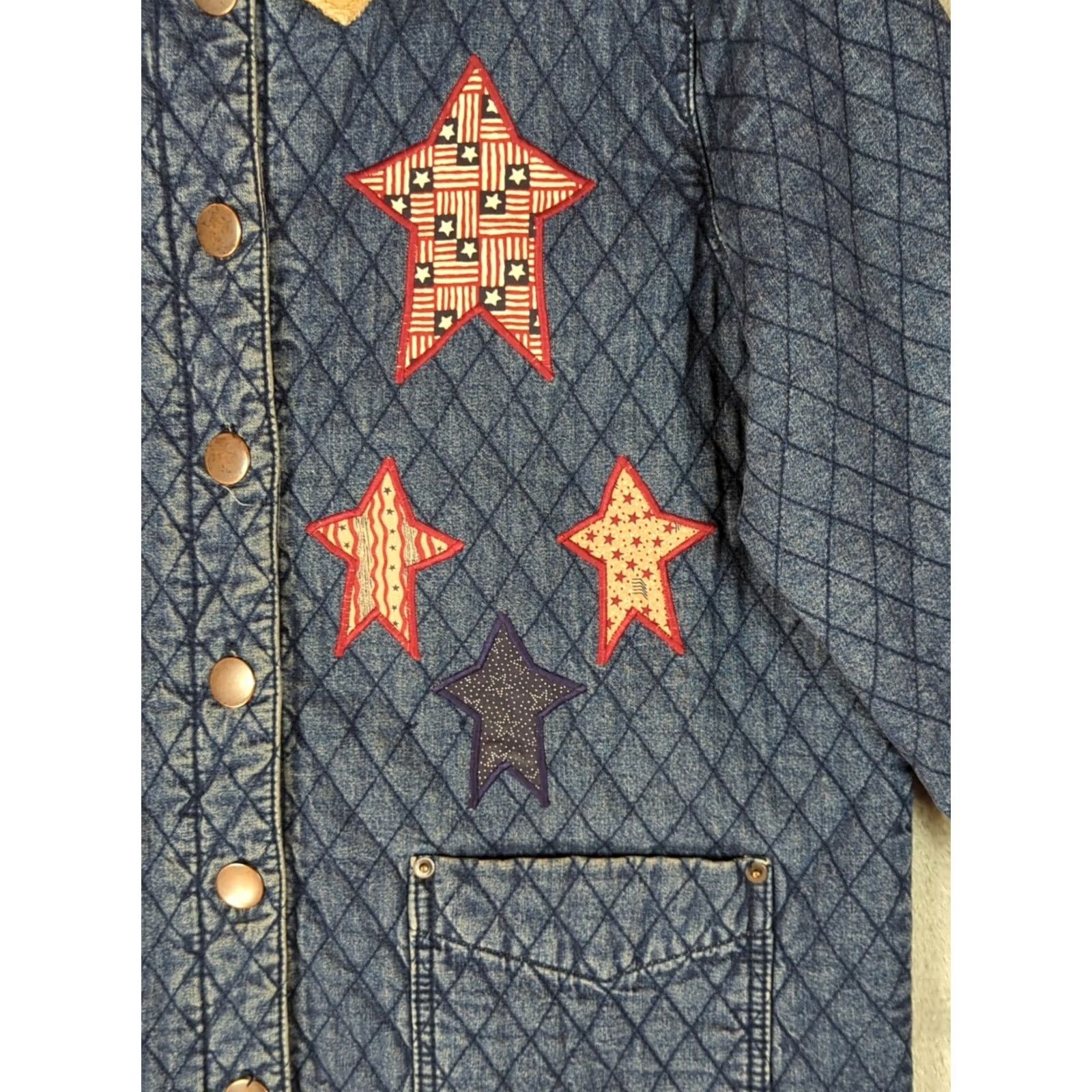 Denime VINTAGE Denim Jacket Womens L Quilted Corduroy Collar Americana Jacket Womens L Quilted Blue Denim Coat Fall Winter Spring - Size L / US 10 / IT 46 - 4 Thumbnail