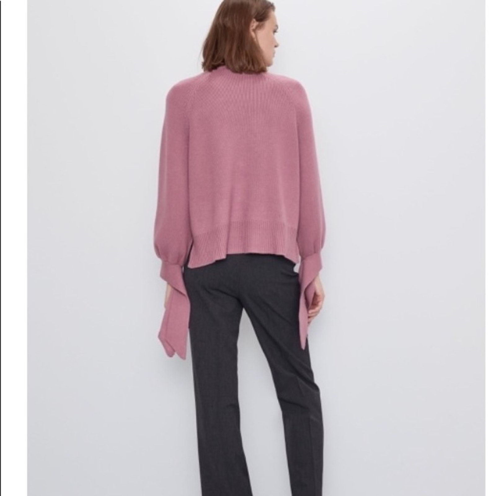Zara ZARA Black Ribbed Turtleneck Sweater with Tie Sleeves Size S / US 4 / IT 40 - 5 Thumbnail