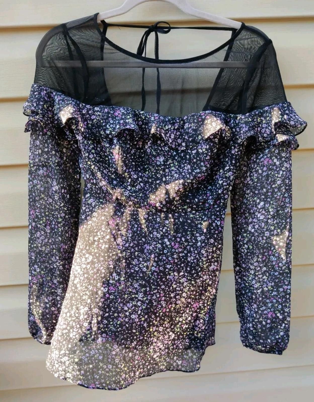 Free People Free People Black Purple Floral Smocked Ruffle Sheer Tie Nec Size XS / US 0-2 / IT 36-38 - 2 Thumbnail