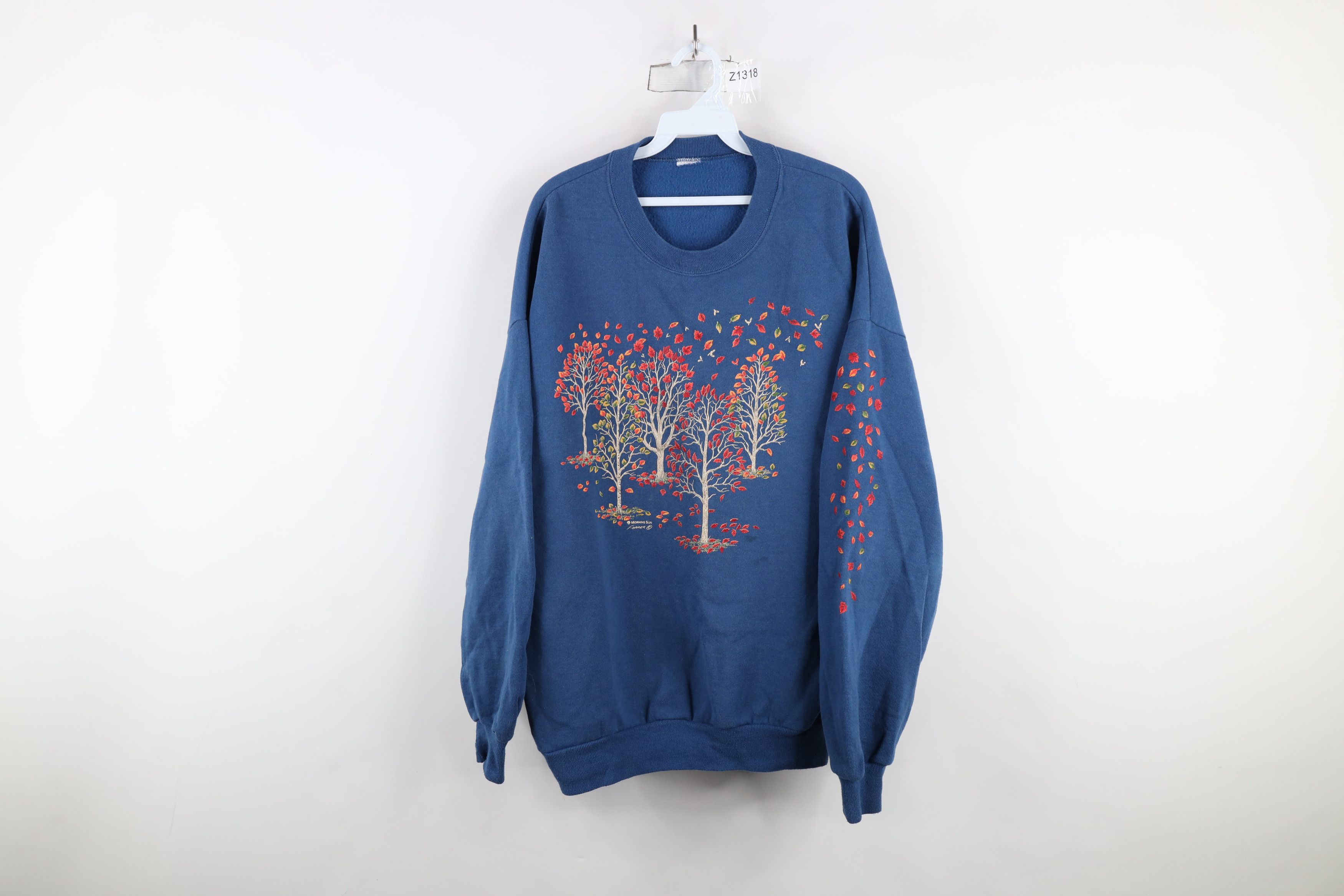 Vintage Vintage 90s Streetwear Fall Tree Leaves Sweatshirt Blue Size XXL / US 16-18 / IT 52-54 - 1 Thumbnail
