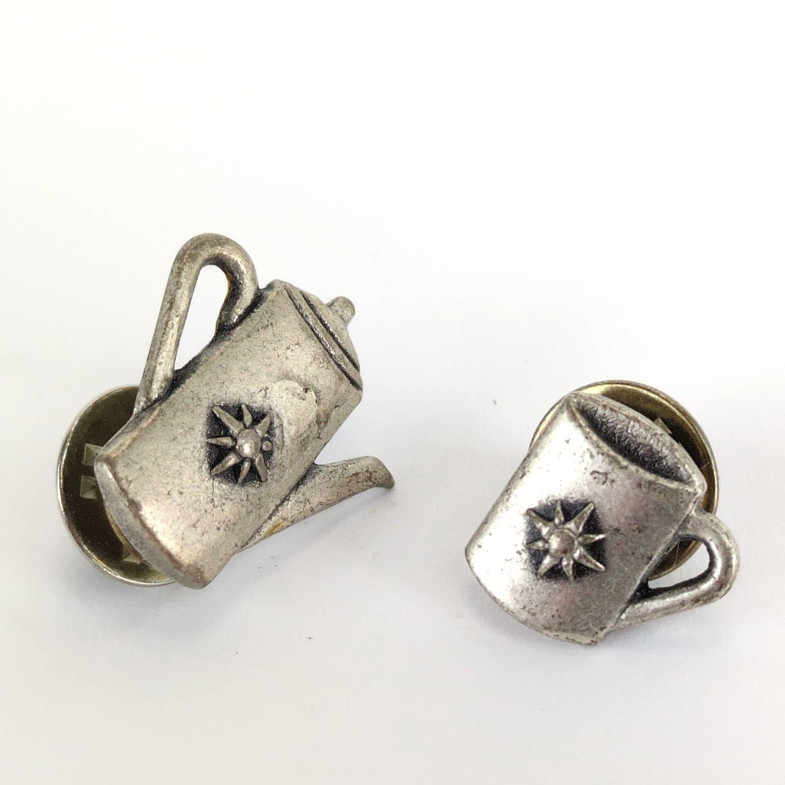 Vintage Set of 2 Pewter Coffee Tea Pot & Cup Lapel Tack Pins Size ONE SIZE - 1 Thumbnail
