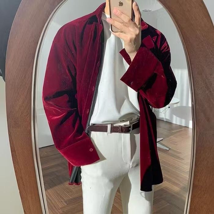 image of Vintage Wine Red Velvet Long Sleeve Button Up Shirt, Men's (Size XL)