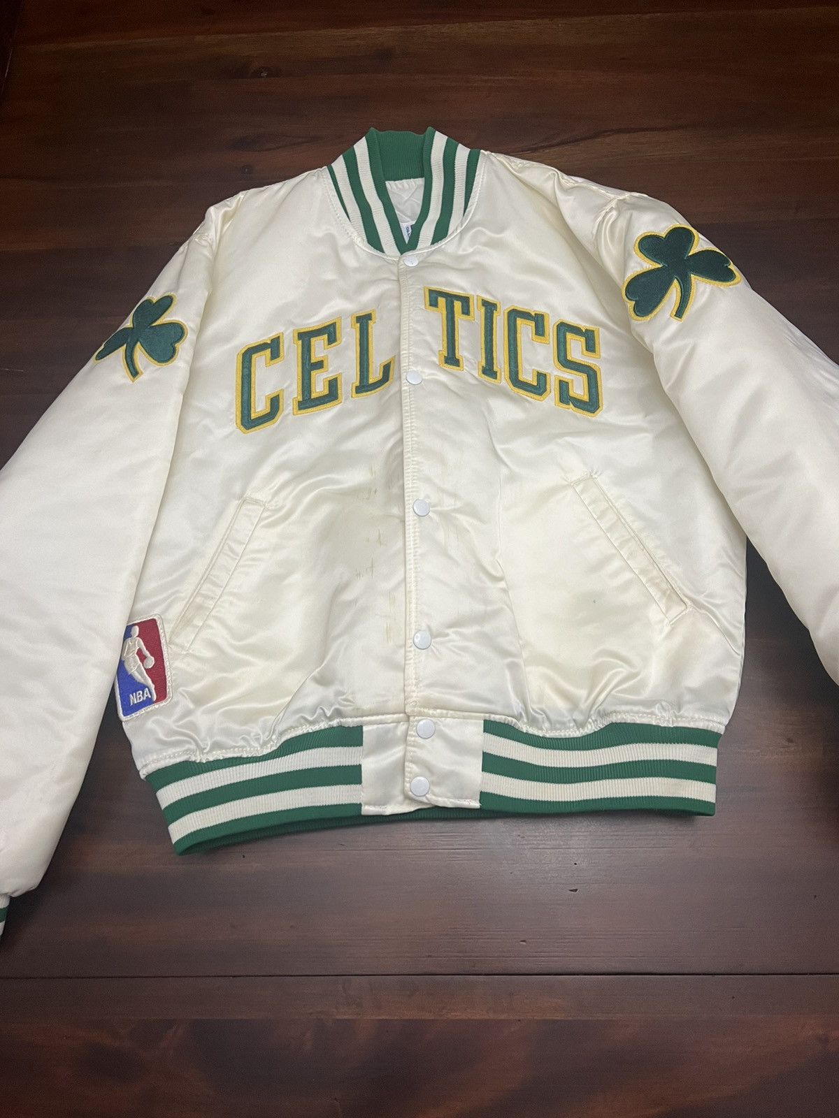 image of Boston Celtics x Starter Vintage Celtics Bomber Jacket in White, Men's (Size Large)