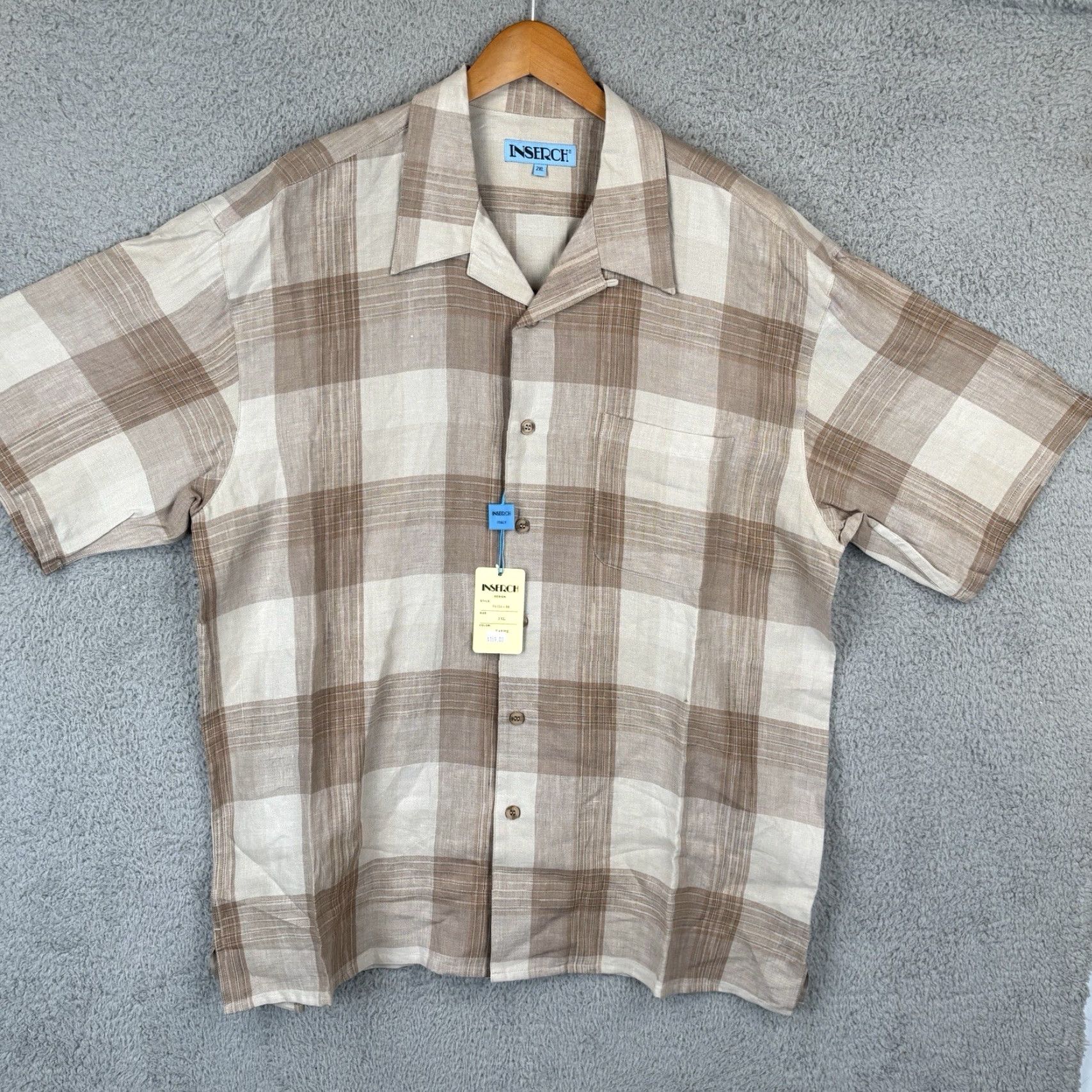 Vintage Inserch Camp Shirt Mens 2XL Beige Plaid 100% Linen Short Sleeve Button-Up Collared Beach Summer Men Regular Men’s Size US XXL / EU 58 / 5 - 2 Thumbnail