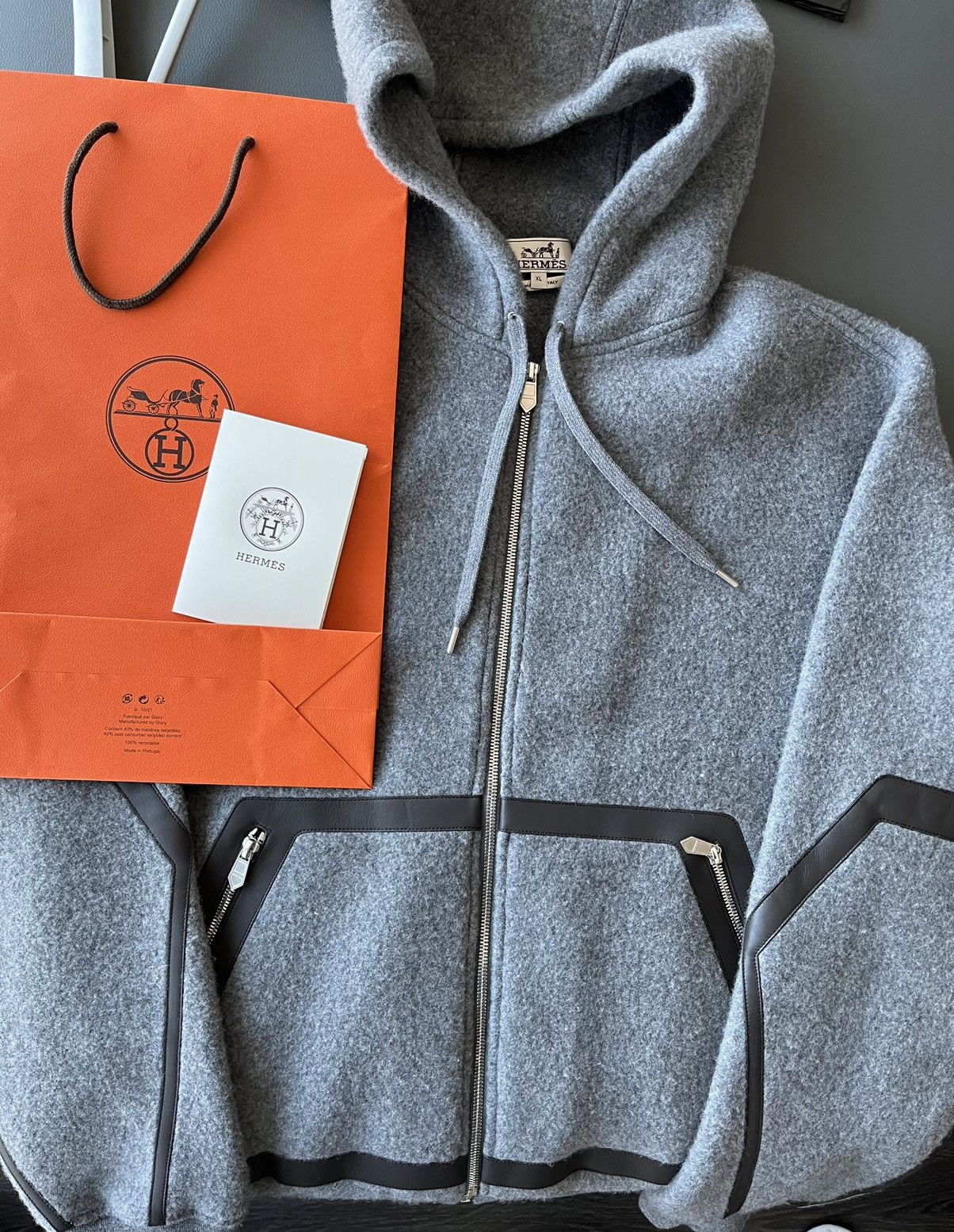 image of Hermes $5K Super Runway Leather Cashmere Hooded Sweater in Grey, Men's (Size XL)