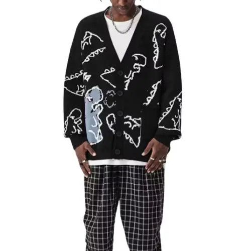 image of Dinosaur Graphic Knit Cardigan Sweater, Men's (Size Medium)