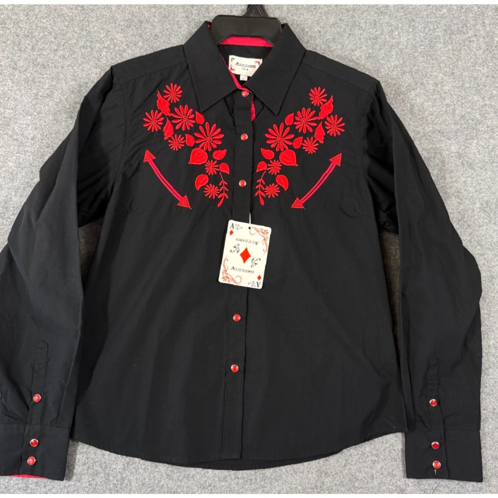 Vintage Ace of Diamond Western Shirt Womens L Black Floral Embroidered Pearl Snap NWT Size L / US 10 / IT 46 - 2 Thumbnail