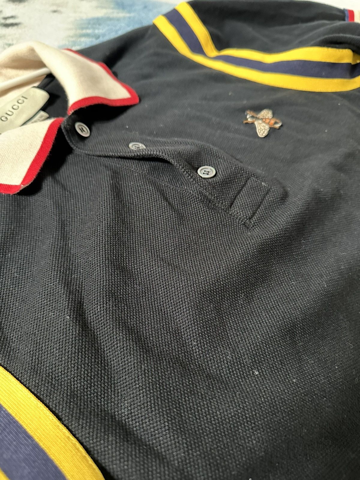 Gucci, Shirts, Gucci Bee Accent Striped Polo Shirt