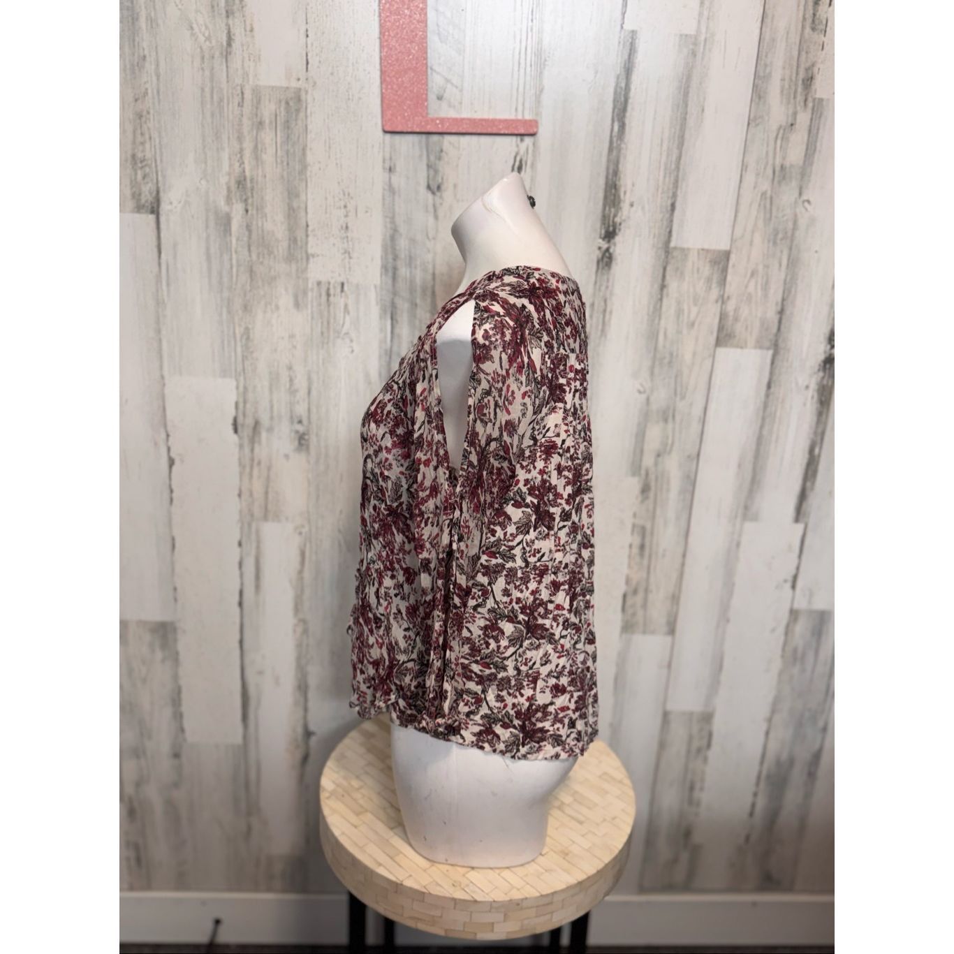 Lucky Brand Lucky Brand Boho Floral Peasant Top | Burgundy Cream Sheer Flowy Blouse – Size Large Size L / US 10 / IT 46 - 6 Thumbnail