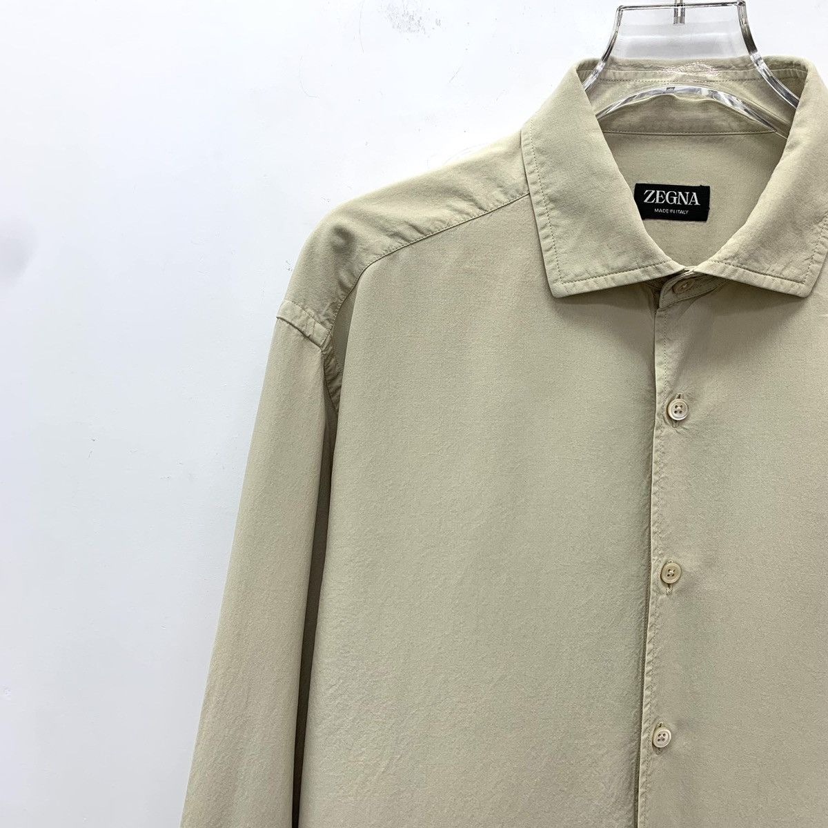 Z Zegna Zegna Khaki Mulberry Silk Collared Long Sleeve Shirt K26WX Size US L / EU 52-54 / 3 - 3 Thumbnail