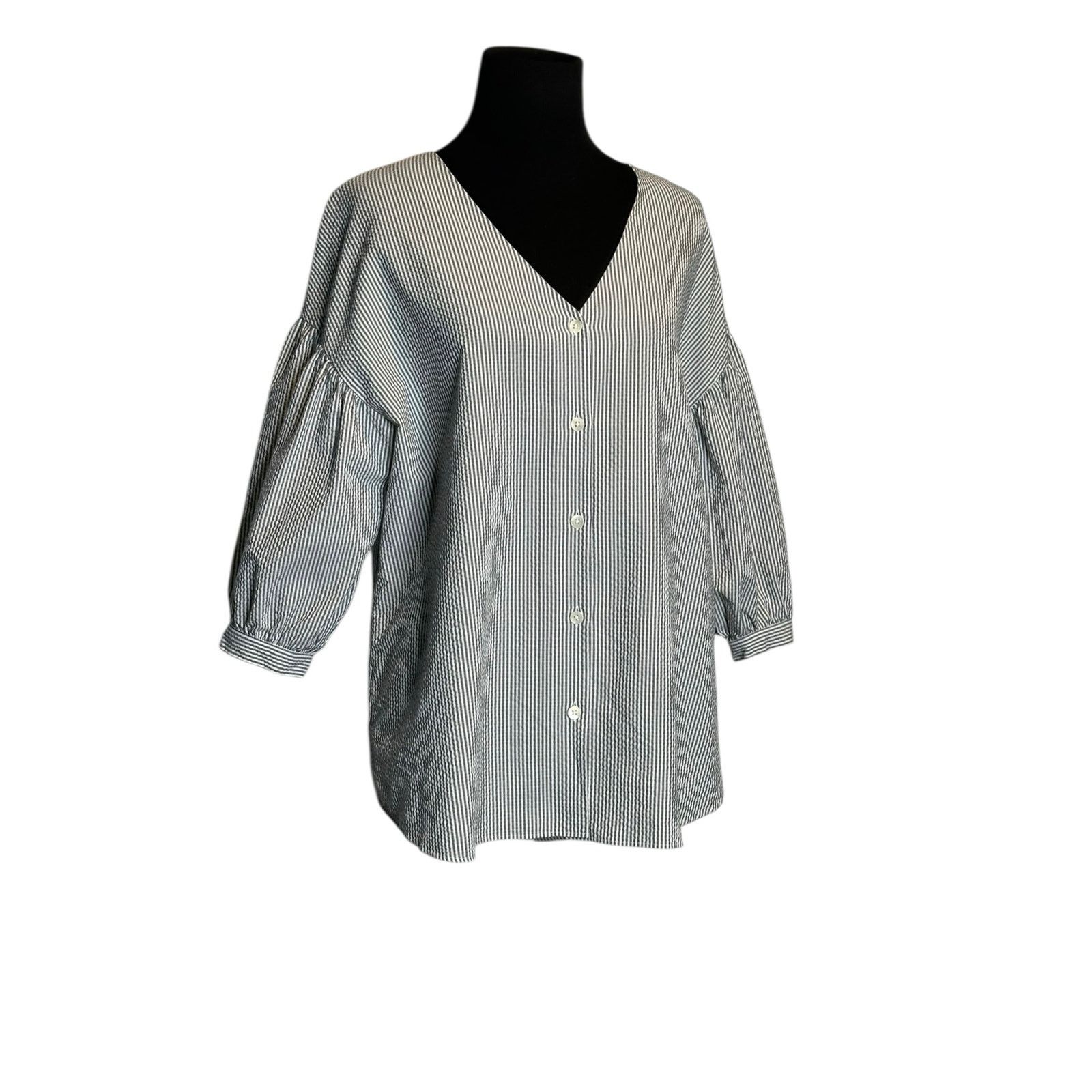 MOUSSY Moussy gray white striped 3/4 sleeves blouse size Free Size Size ONE SIZE - 9 Thumbnail