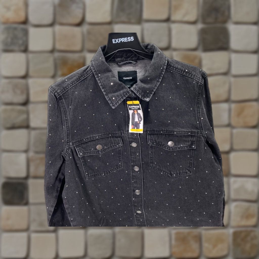 Express Express Jeans Denim Jacket Womens M Black Snap Front Rhinestone Western NWT Size 32" / US 10 / IT 46 - 1 Thumbnail