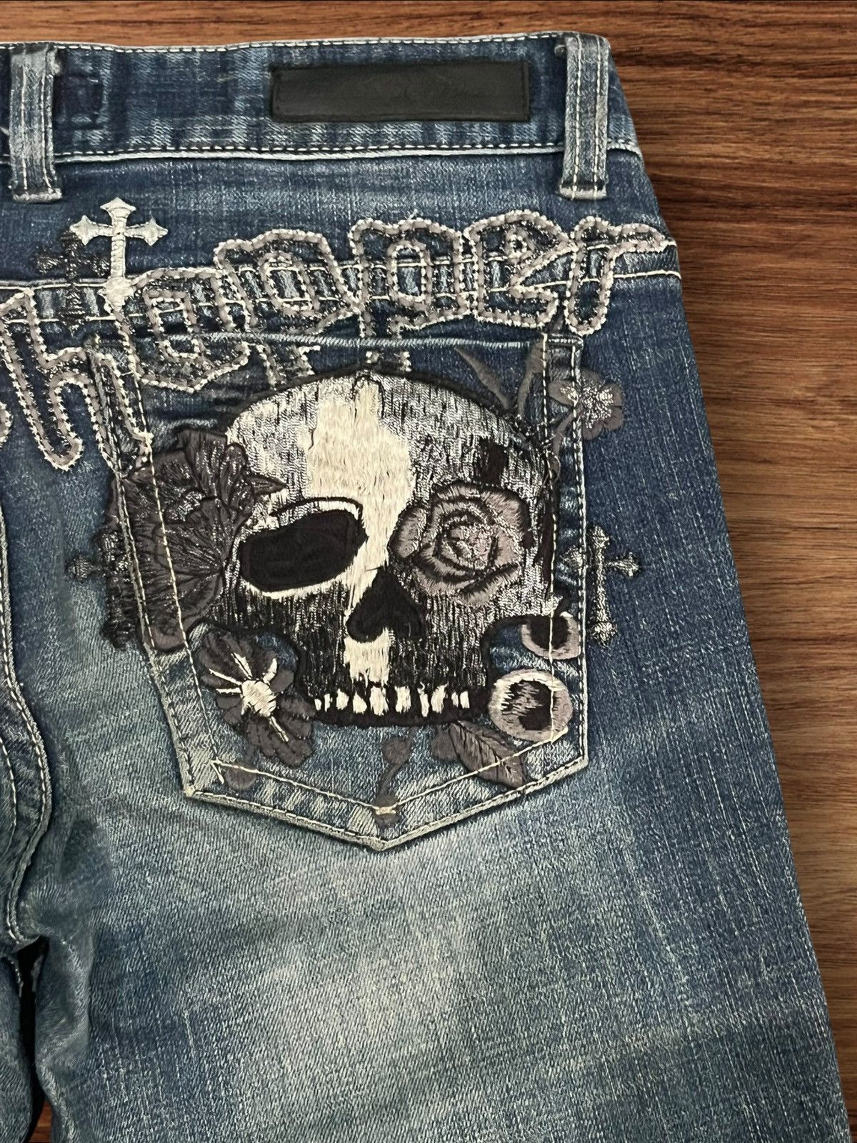 Ed Hardy ⚡️Insane⚡️Grashopper Skull Trinity Embroidered Rip Flare Jeans Size US 29 - 9 Thumbnail