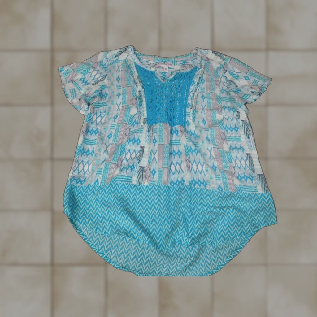 Vintage Kim Rogers Womens Blouse PM Petites Blue Cap Sleeve Crew Neck Pullover Floral Button Casual Size M / US 6-8 / IT 42-44 - 1 Thumbnail