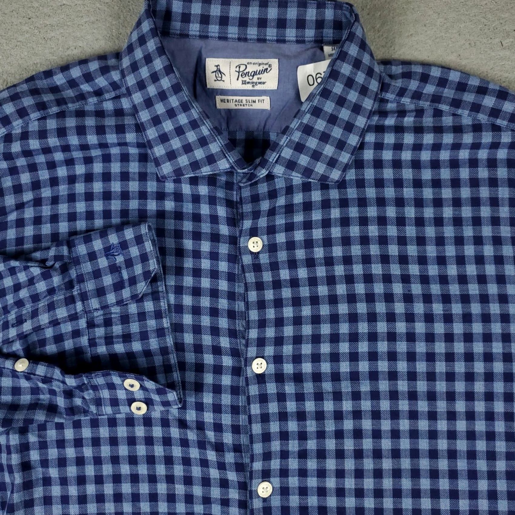 Vintage Penguin Shirt Mens 16.5 Blue Check Slim Fit Dress Button Up Long Sleeve Size 46R - 2 Thumbnail