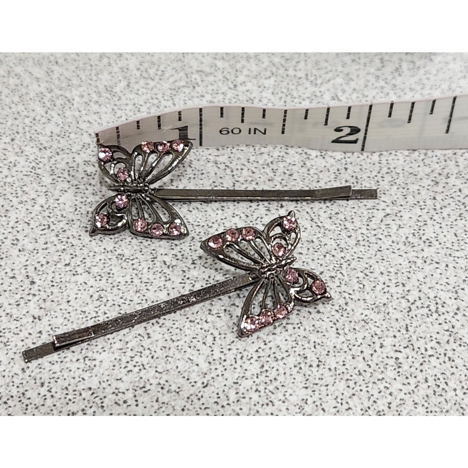 The Unbranded Brand VTG Pink Rhinestones Silver Pair of Butterflies Hair Pins Size ONE SIZE - 3 Thumbnail
