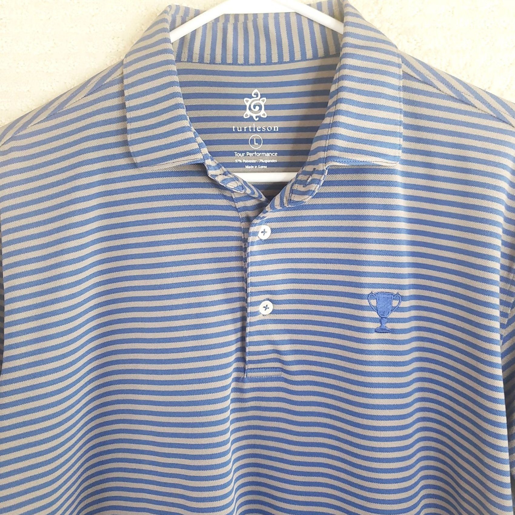 Vintage Turtleson Golf Polo Men’s L Blue Gray Striped Short Sleeve Stretch Pique Fabric Polo Shirt Size US L / EU 52-54 / 3 - 3 Thumbnail