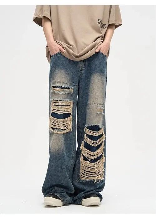 image of Distressed Denim Y2K Straight Baggy Ripped Jeans in Blue, Men's (Size 33)
