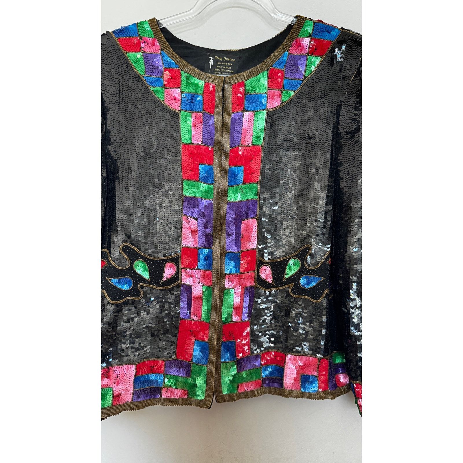 Vintage 1980s Pinky Creations Silk Sequin Jacket Black Medium Size M / US 6-8 / IT 42-44 - 3 Thumbnail