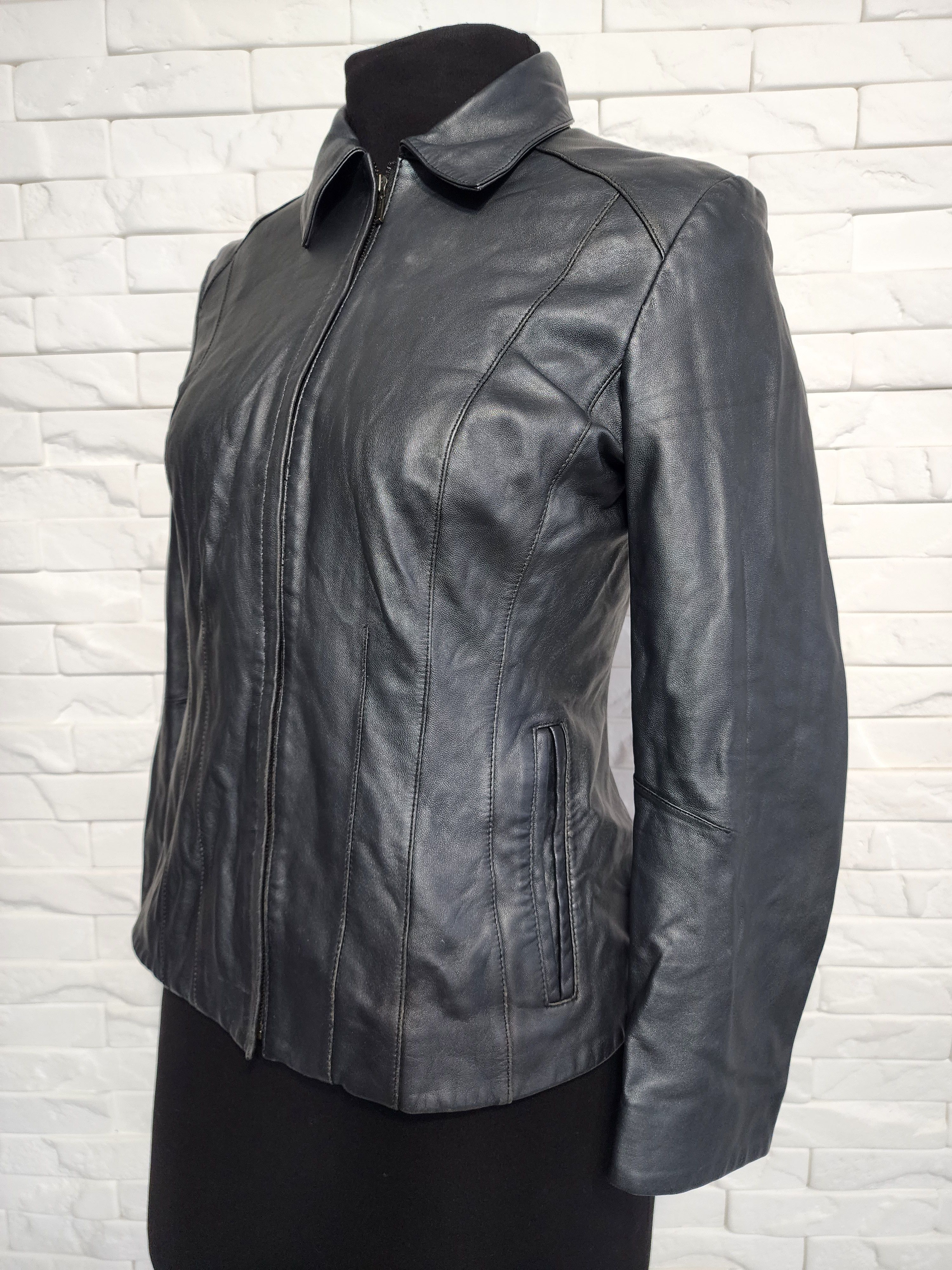 Marks & Spencer Gray Leather Jacket: Women's Sport Jacket with Metal Zipper Size M / US 6-8 / IT 42-44 - 2 Thumbnail